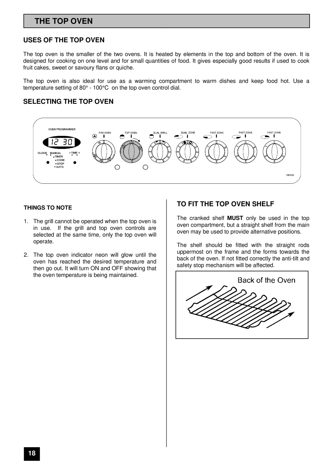 Tricity Bendix SIE 505 Uses of the TOP Oven, Selecting the TOP Oven, To FIT the TOP Oven Shelf 