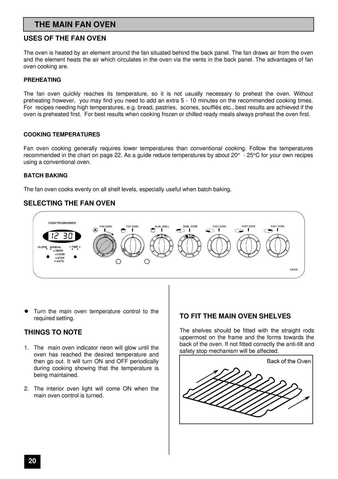 Tricity Bendix SIE 505 Main FAN Oven, Uses of the FAN Oven, Selecting the FAN Oven, Things to Note 