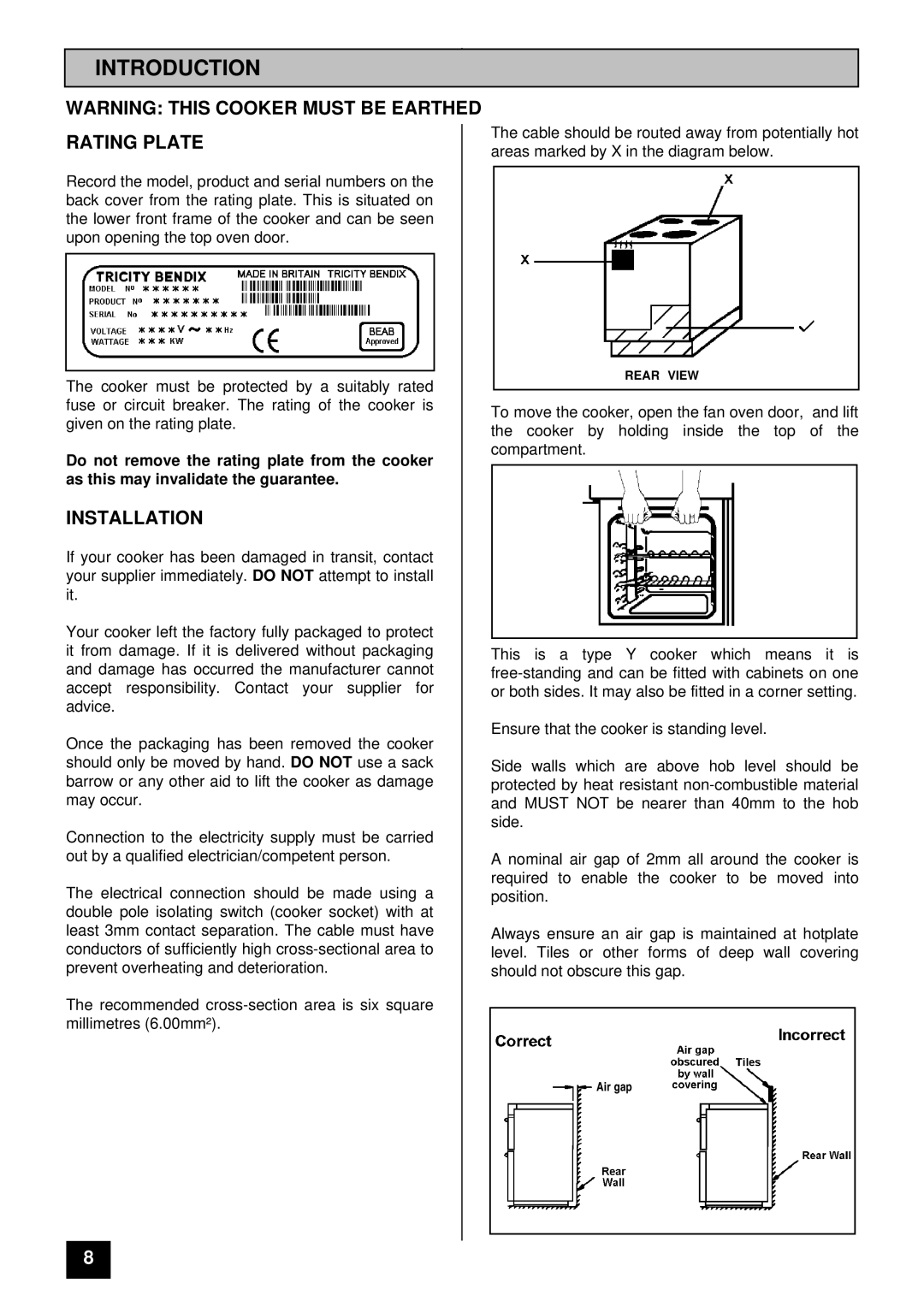 Tricity Bendix SIE 505 installation instructions Introduction, Rating Plate, Installation 