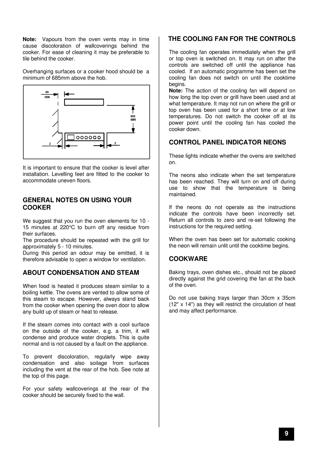 Tricity Bendix SIE 505 General Notes on Using Your Cooker, About Condensation and Steam, Cooling FAN for the Controls 