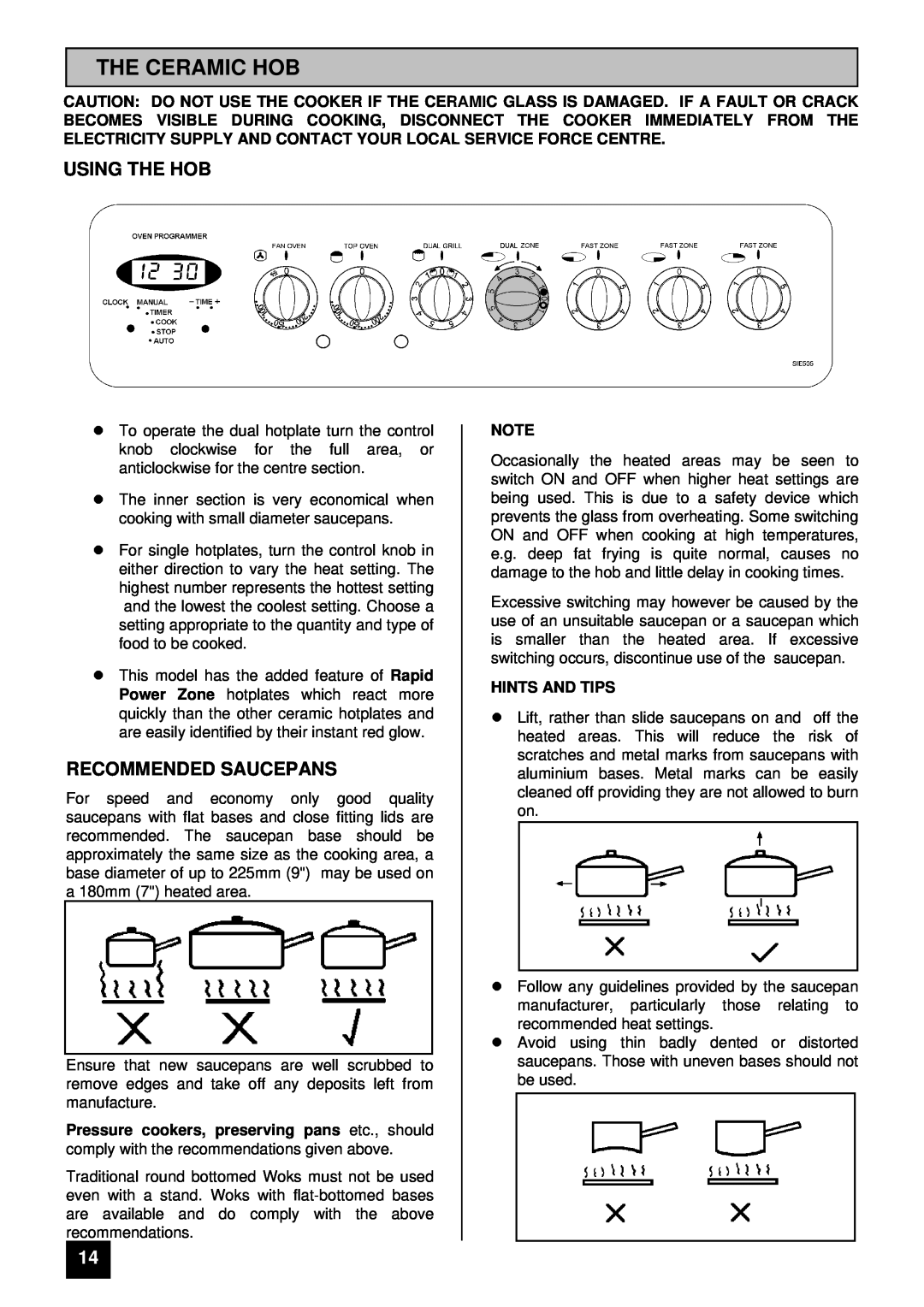 Tricity Bendix SIE 505 installation instructions The Ceramic Hob, Using The Hob, Recommended Saucepans, lHINTS AND TIPS 