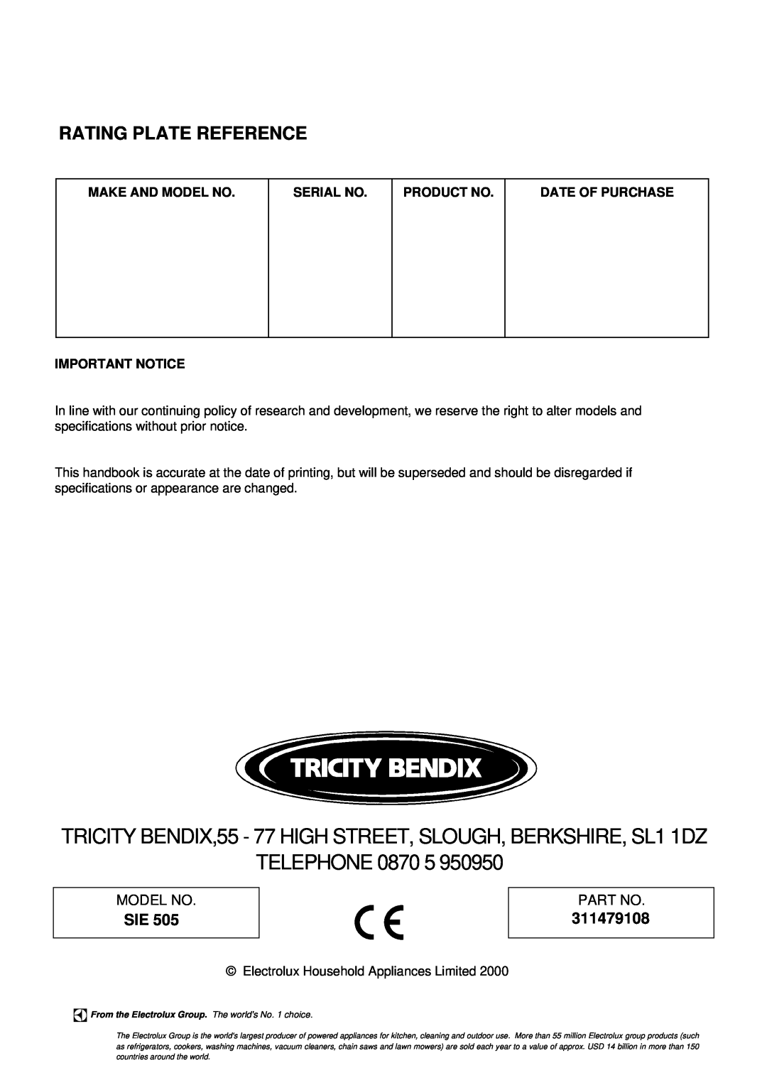 Tricity Bendix SIE 505 Rating Plate Reference, 311479108, TRICITY BENDIX,55 - 77 HIGH STREET, SLOUGH, BERKSHIRE, SL1 1DZ 
