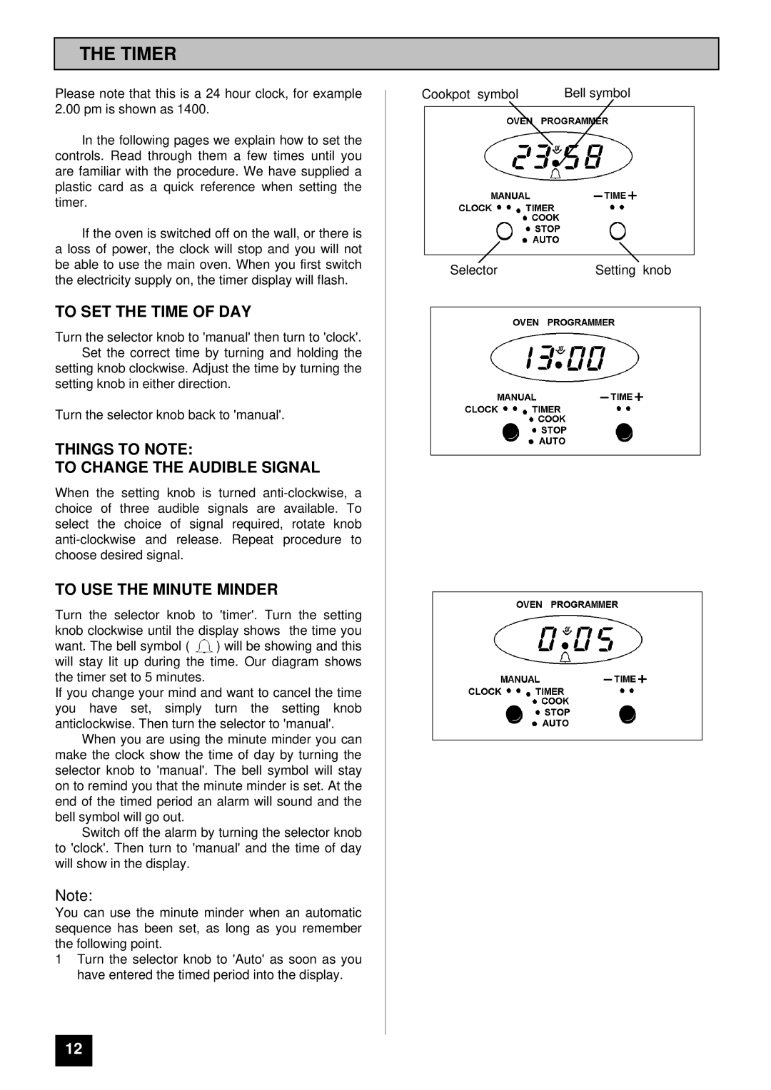 Tricity Bendix SIE 530 installation instructions Timer, To SET the Time of DAY, Things to Note To Change the Audible Signal 