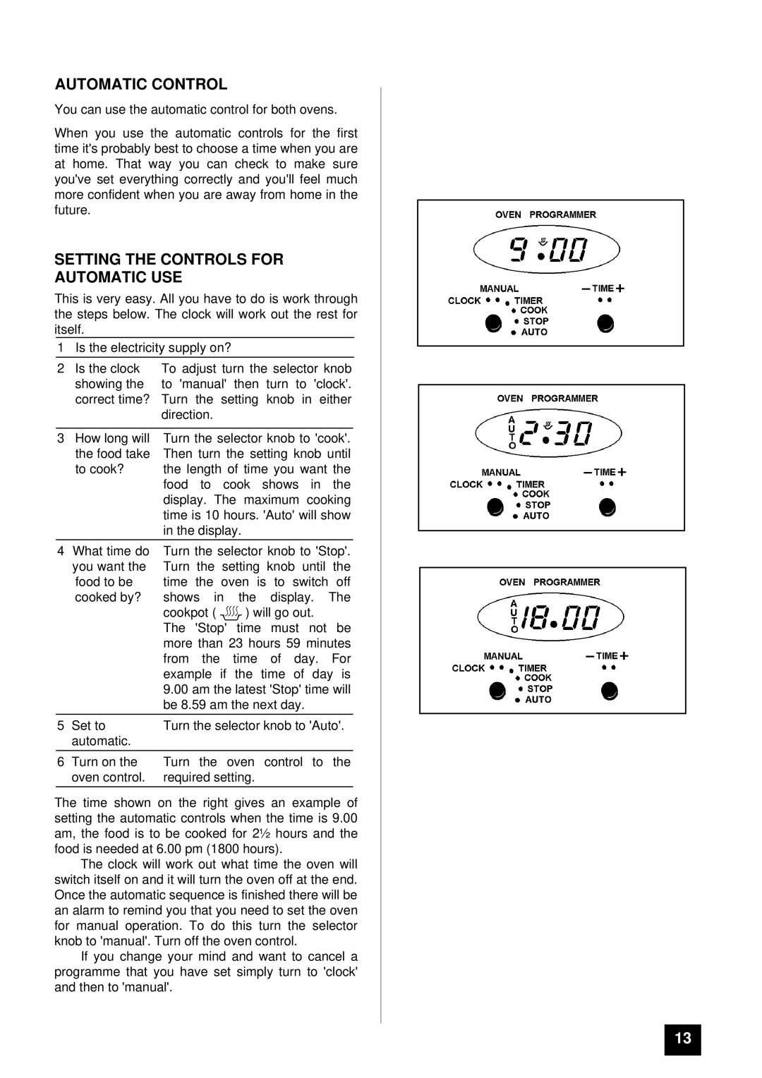 Tricity Bendix SIE 530 installation instructions Automatic Control, Setting the Controls for Automatic USE 