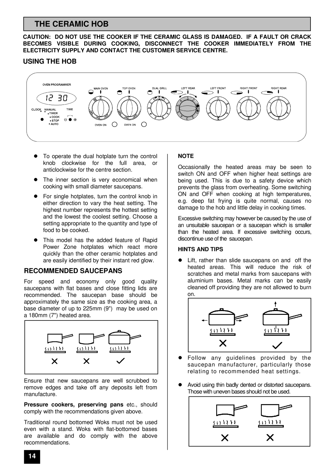 Tricity Bendix SIE 530 installation instructions Ceramic HOB, Using the HOB, Recommended Saucepans 