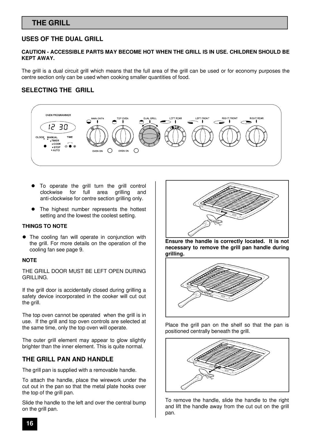 Tricity Bendix SIE 530 Uses of the Dual Grill, Selecting the Grill, Grill PAN and Handle, Things to Note 