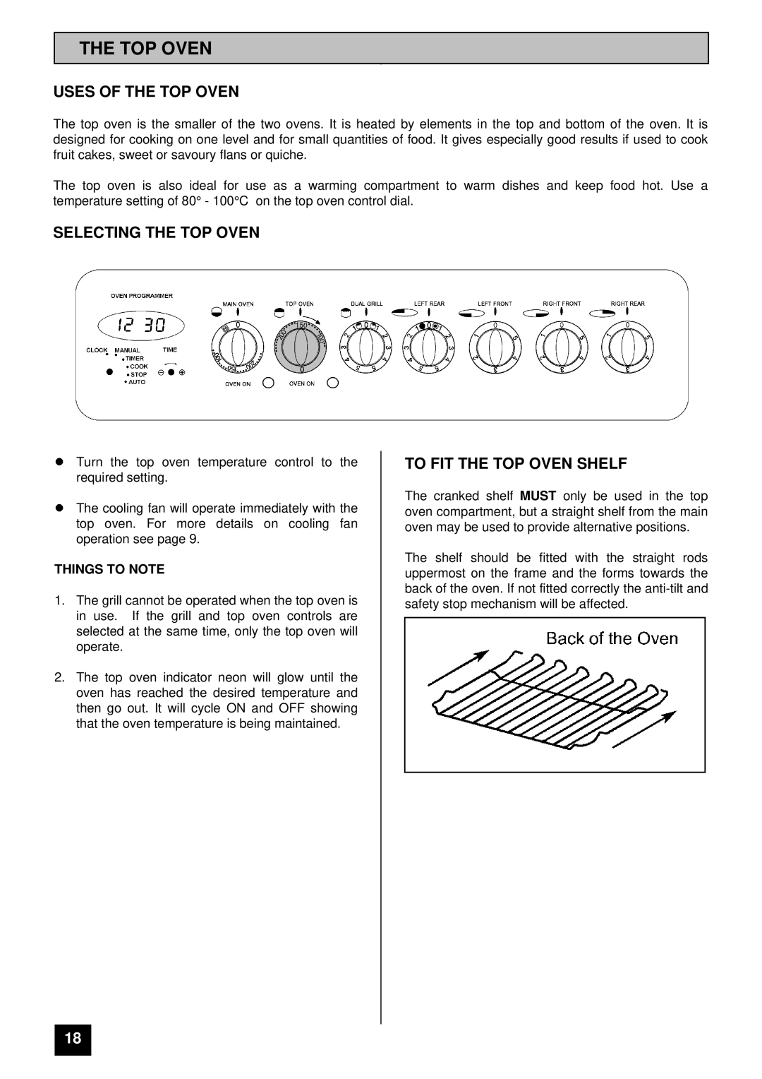 Tricity Bendix SIE 530 Uses of the TOP Oven, Selecting the TOP Oven, To FIT the TOP Oven Shelf 