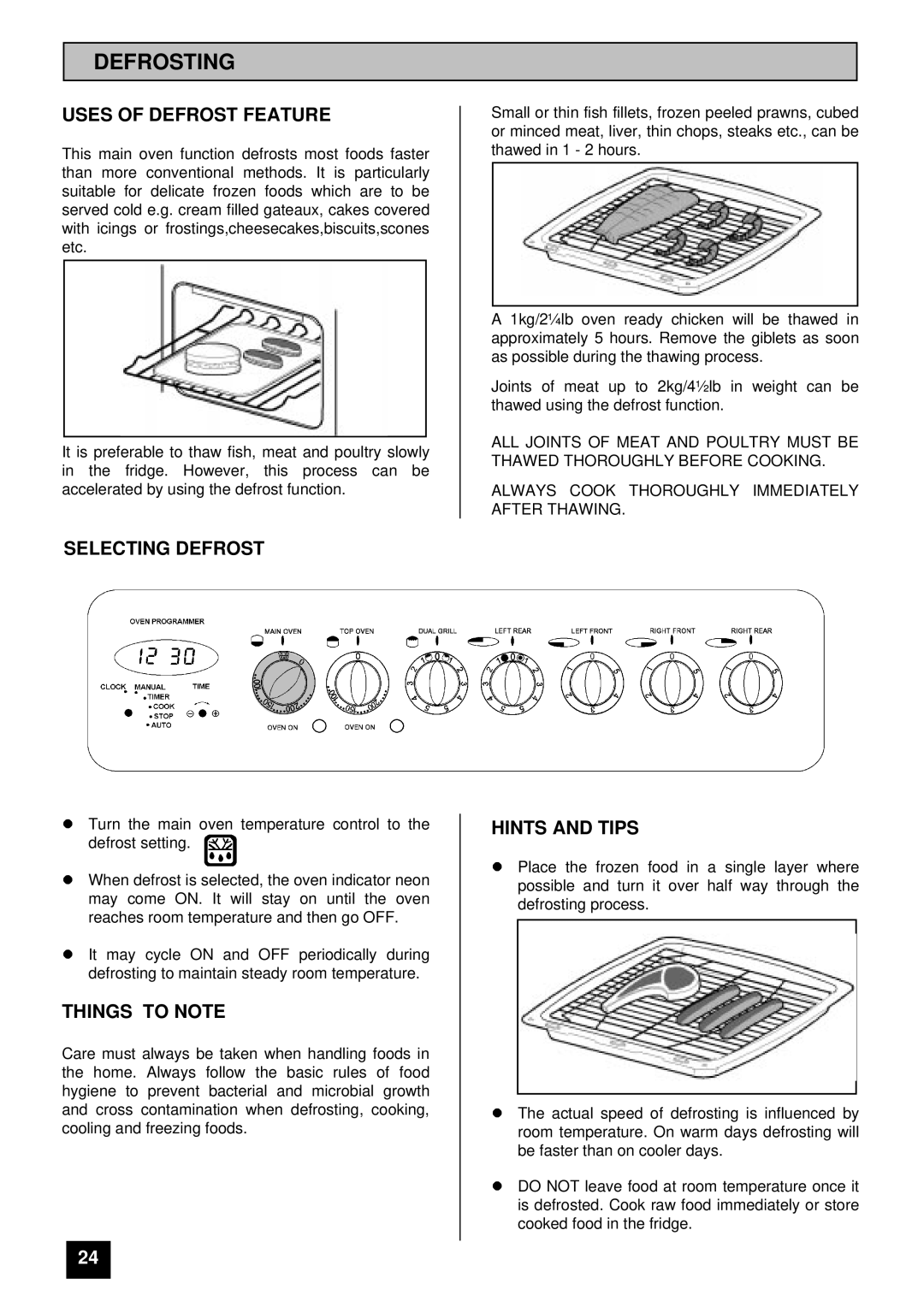 Tricity Bendix SIE 530 installation instructions Defrosting, Uses of Defrost Feature, Selecting Defrost, Hints and Tips 