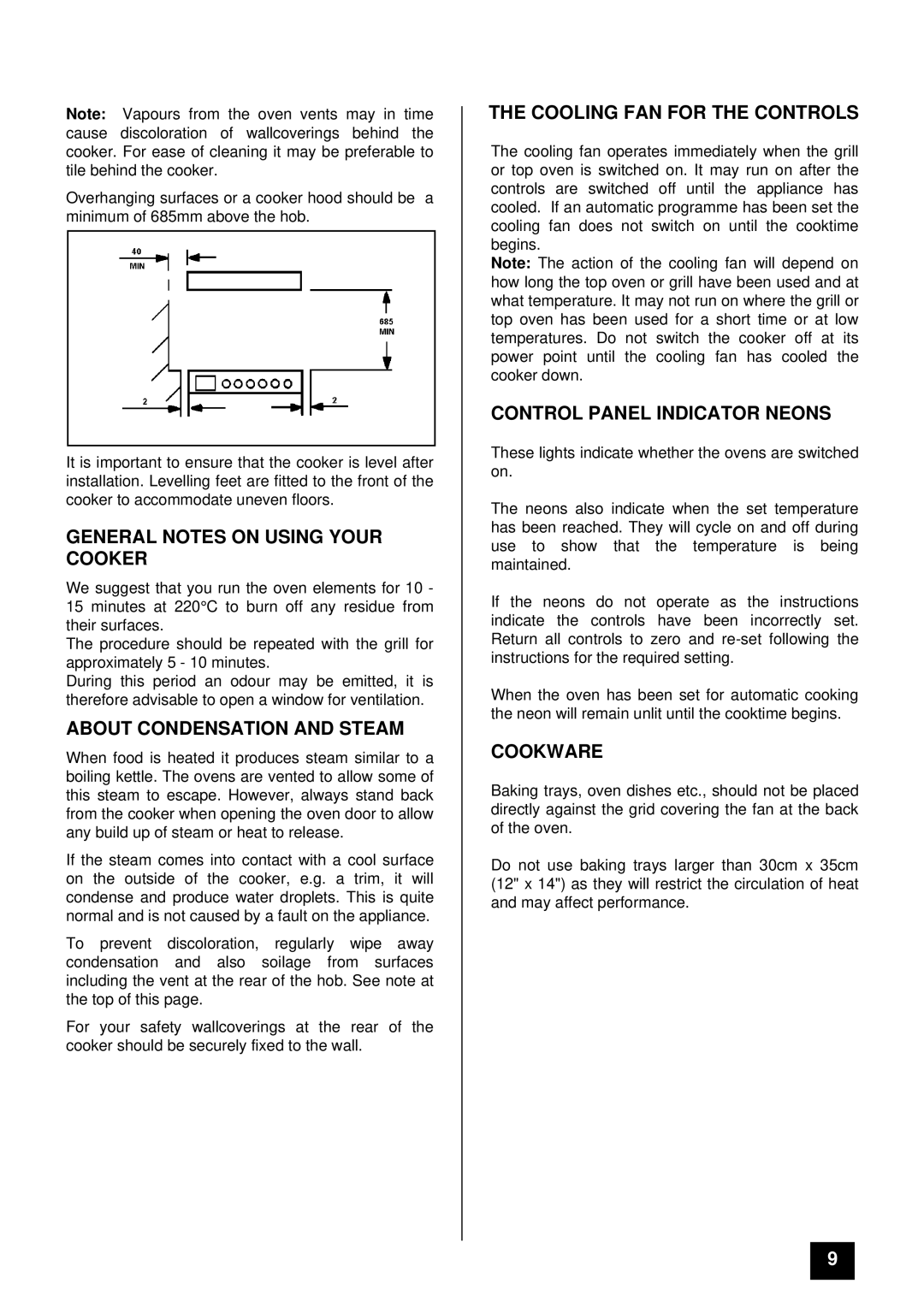 Tricity Bendix SIE 530 General Notes on Using Your Cooker, About Condensation and Steam, Cooling FAN for the Controls 