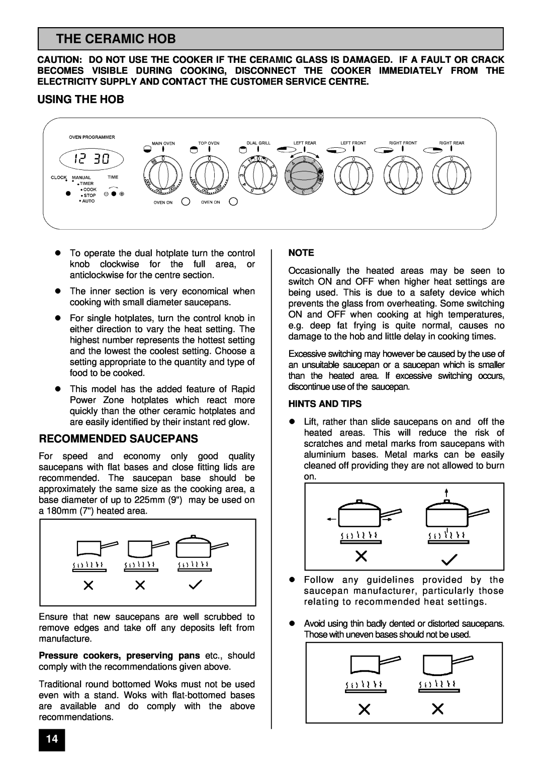 Tricity Bendix SIE 530 installation instructions The Ceramic Hob, Using The Hob, Recommended Saucepans, lHINTS AND TIPS 