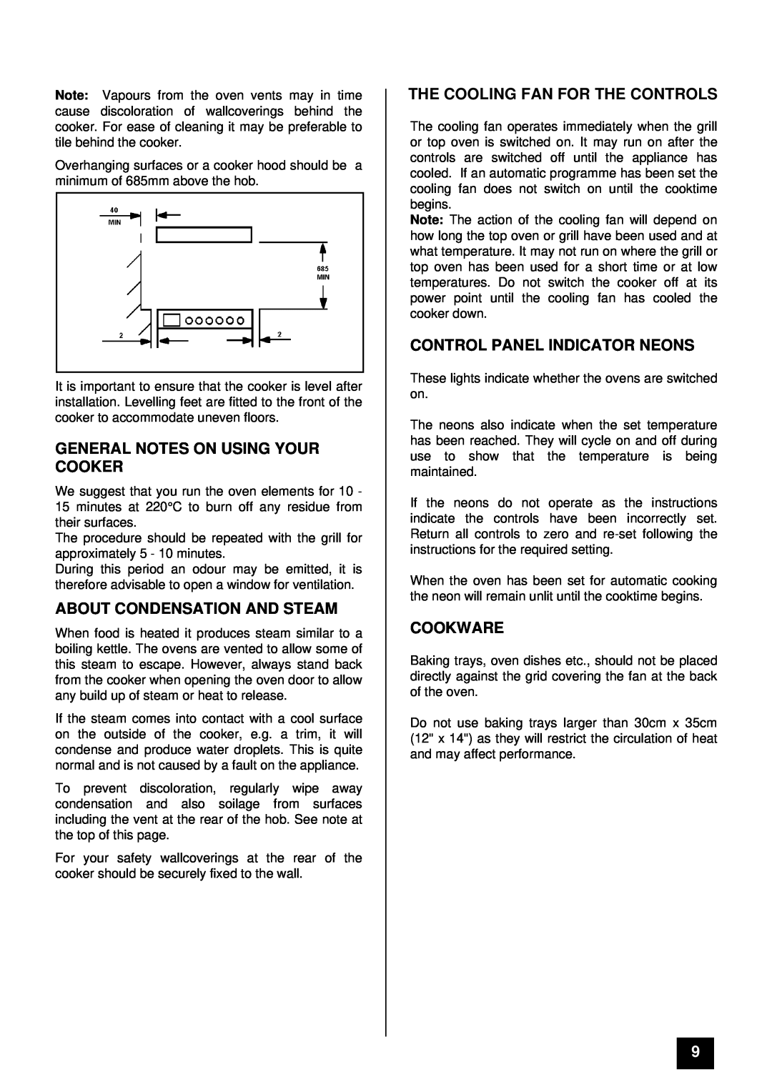 Tricity Bendix SIE 530 General Notes On Using Your Cooker, About Condensation And Steam, The Cooling Fan For The Controls 