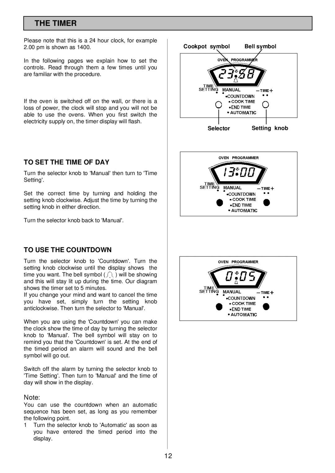 Tricity Bendix SIE 532 installation instructions Timer, To SET the Time of DAY, To USE the Countdown 