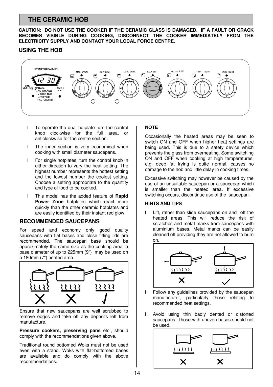 Tricity Bendix SIE 532 installation instructions Ceramic HOB, Using the HOB, Recommended Saucepans 