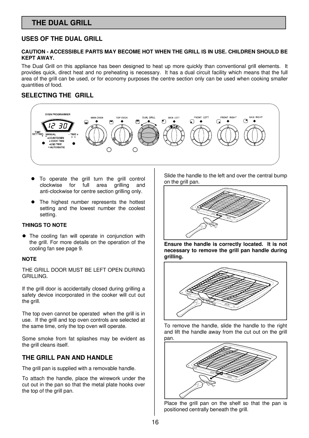 Tricity Bendix SIE 532 installation instructions Uses of the Dual Grill, Selecting the Grill, Grill PAN and Handle 