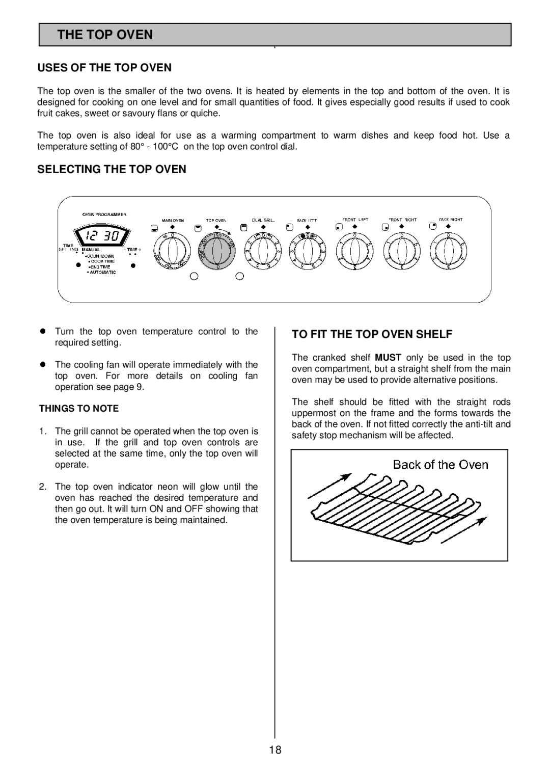 Tricity Bendix SIE 532 Uses of the TOP Oven, Selecting the TOP Oven, To FIT the TOP Oven Shelf, Things to Note 