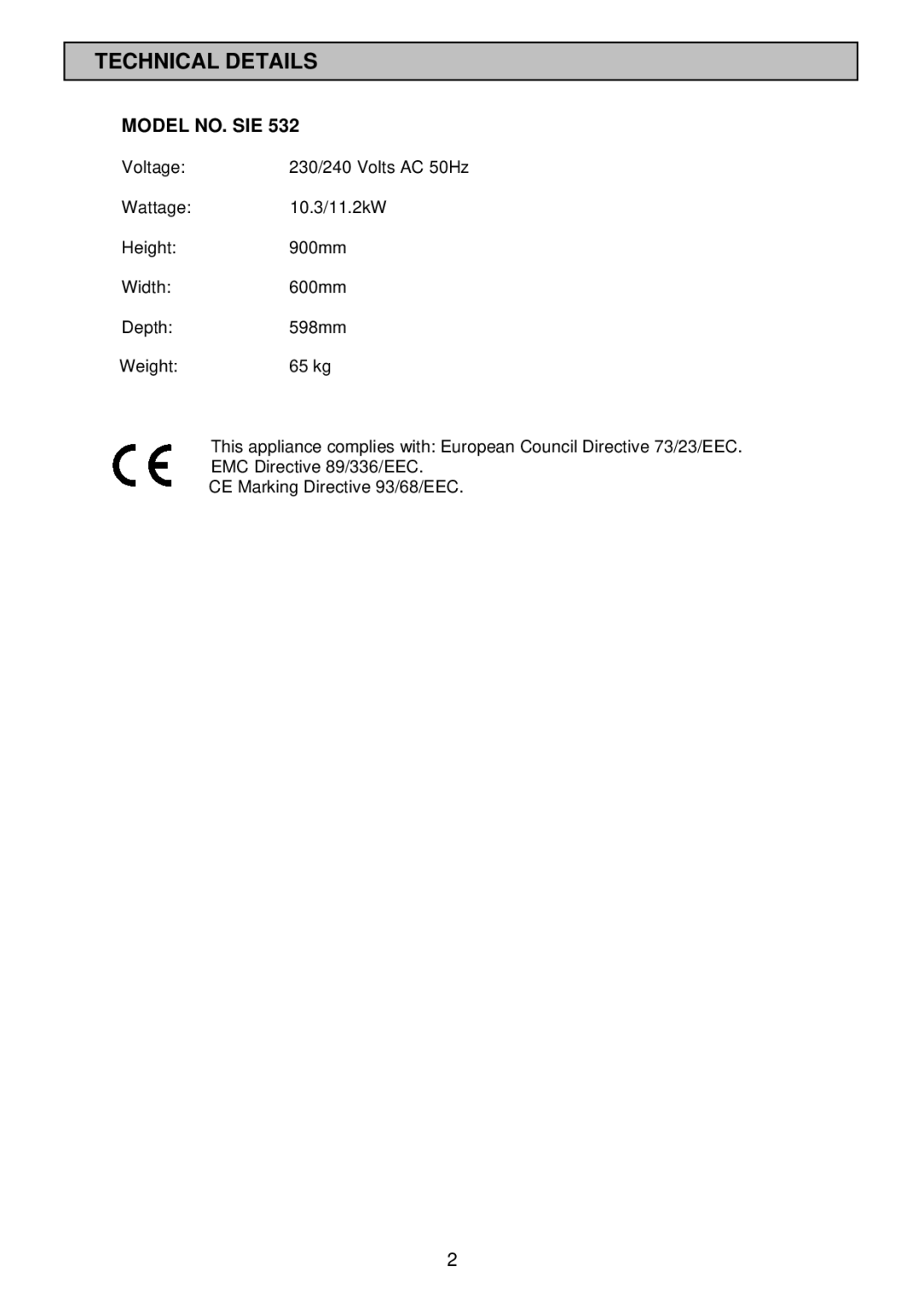 Tricity Bendix SIE 532 installation instructions Technical Details, Model NO. SIE 