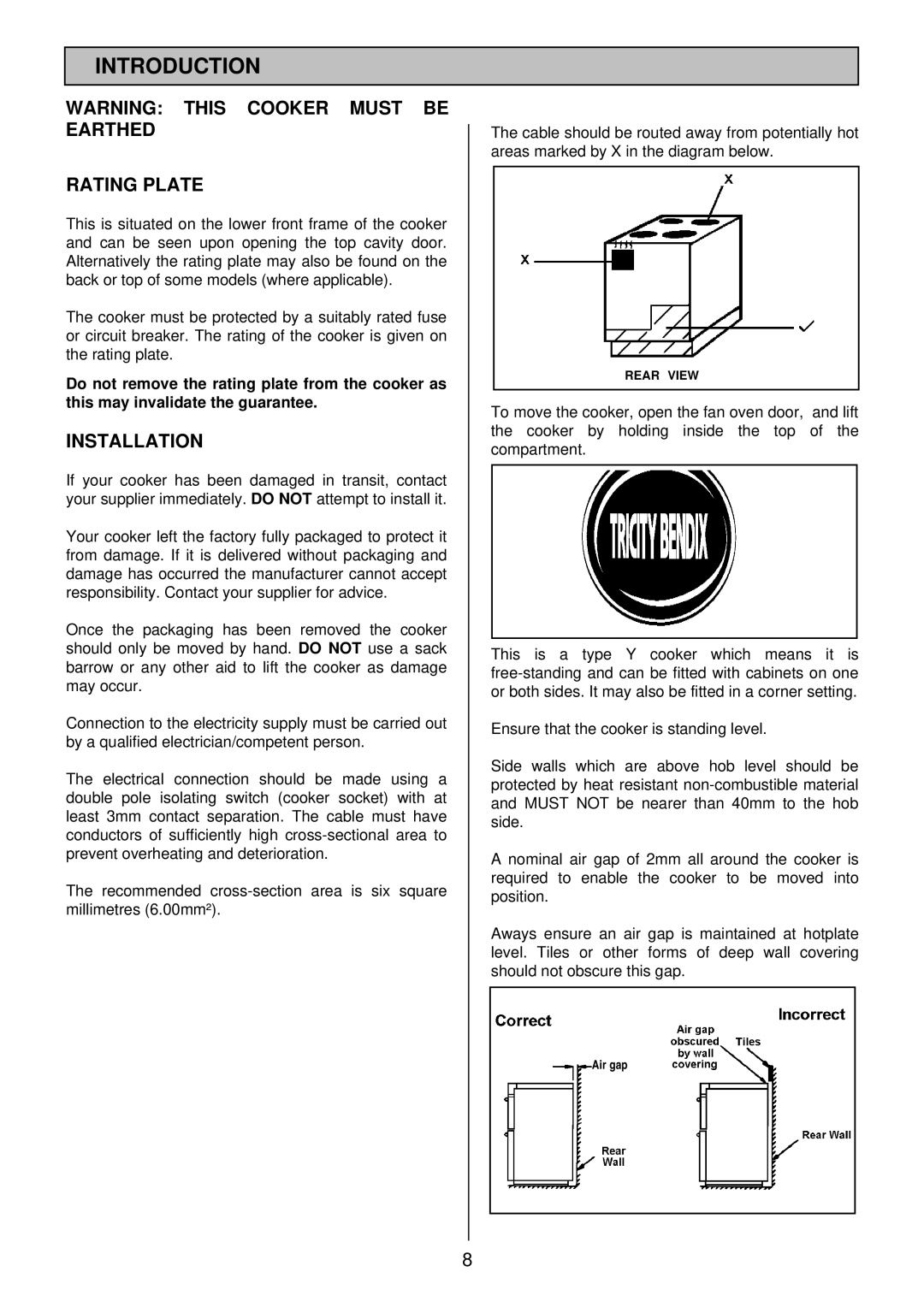 Tricity Bendix SIE 532 installation instructions Introduction, Rating Plate, Installation 