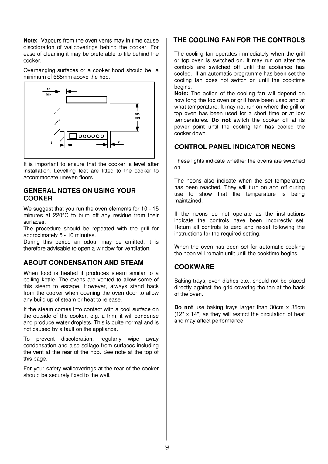 Tricity Bendix SIE 532 General Notes on Using Your Cooker, About Condensation and Steam, Cooling FAN for the Controls 