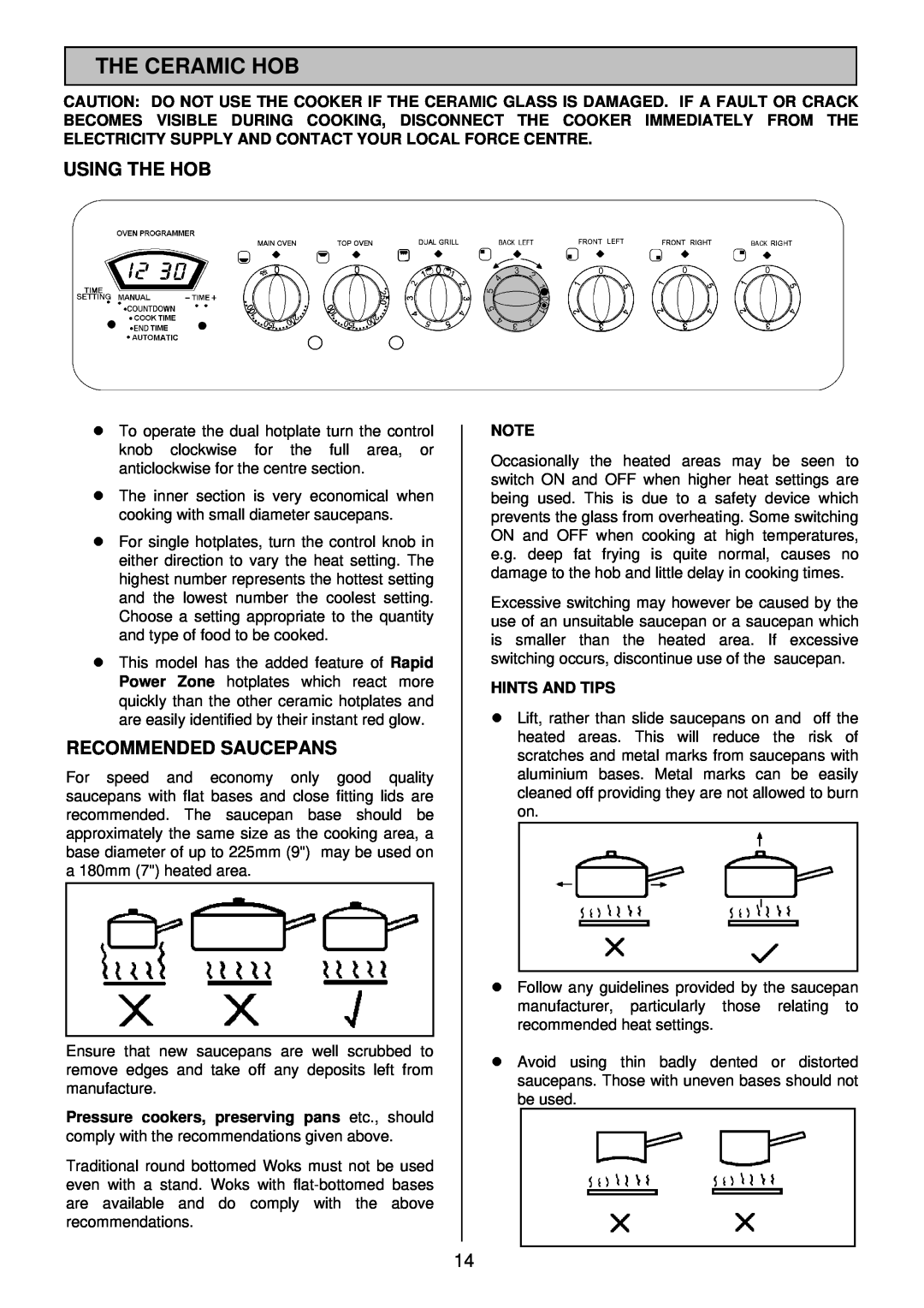 Tricity Bendix SIE 532 installation instructions The Ceramic Hob, Using The Hob, Recommended Saucepans, lHINTS AND TIPS 