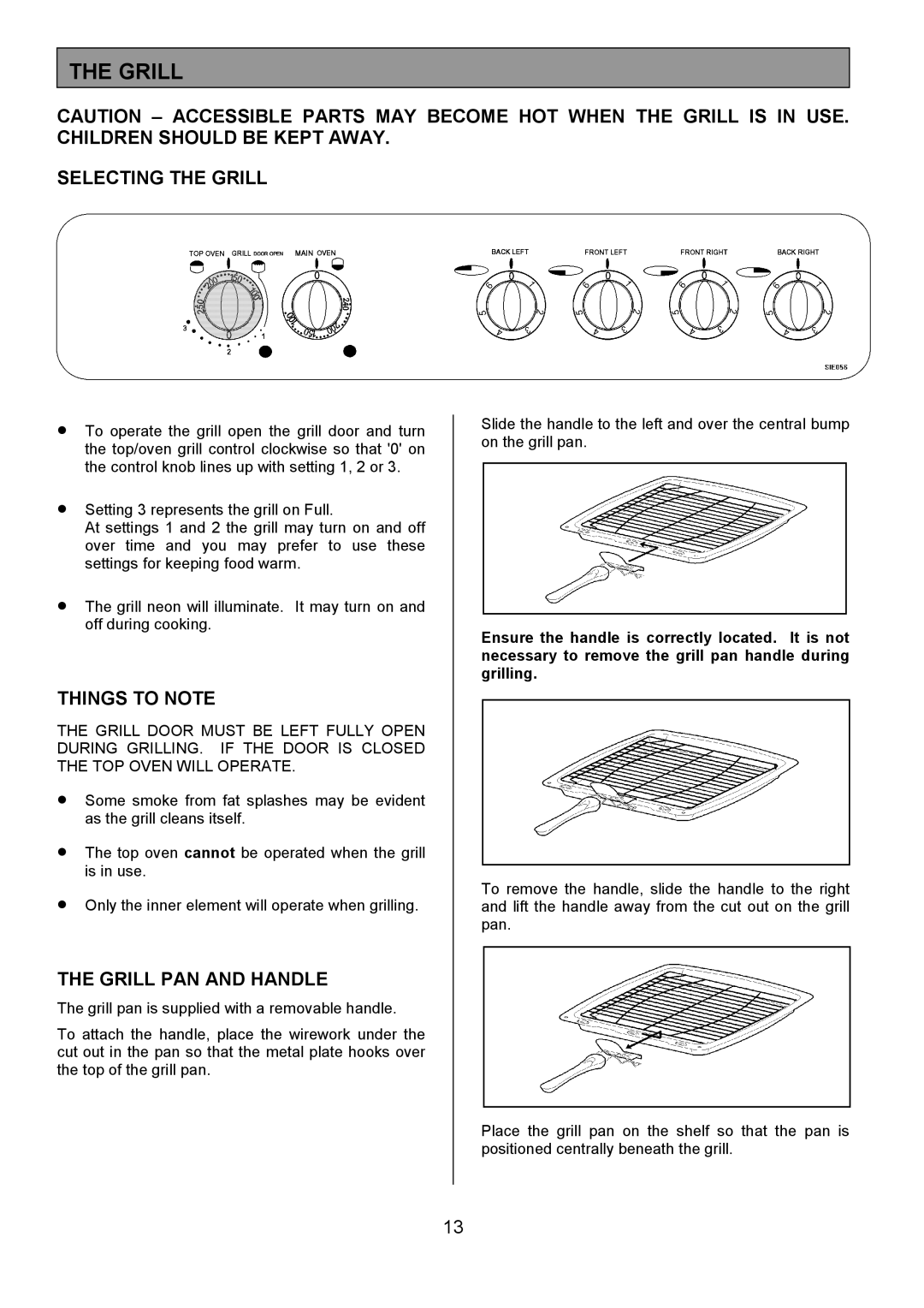 Tricity Bendix SIE056 installation instructions Selecting the Grill, Things to Note, Grill PAN and Handle 