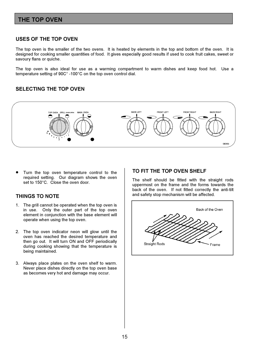 Tricity Bendix SIE056 installation instructions Uses of the TOP Oven, Selecting the TOP Oven, To FIT the TOP Oven Shelf 