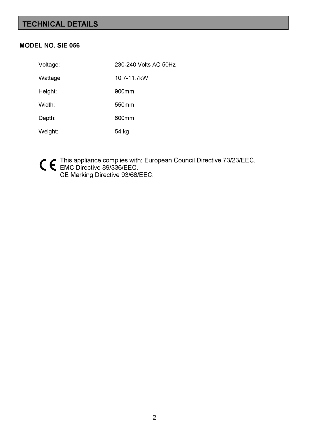 Tricity Bendix SIE056 installation instructions Technical Details, Model NO. SIE 