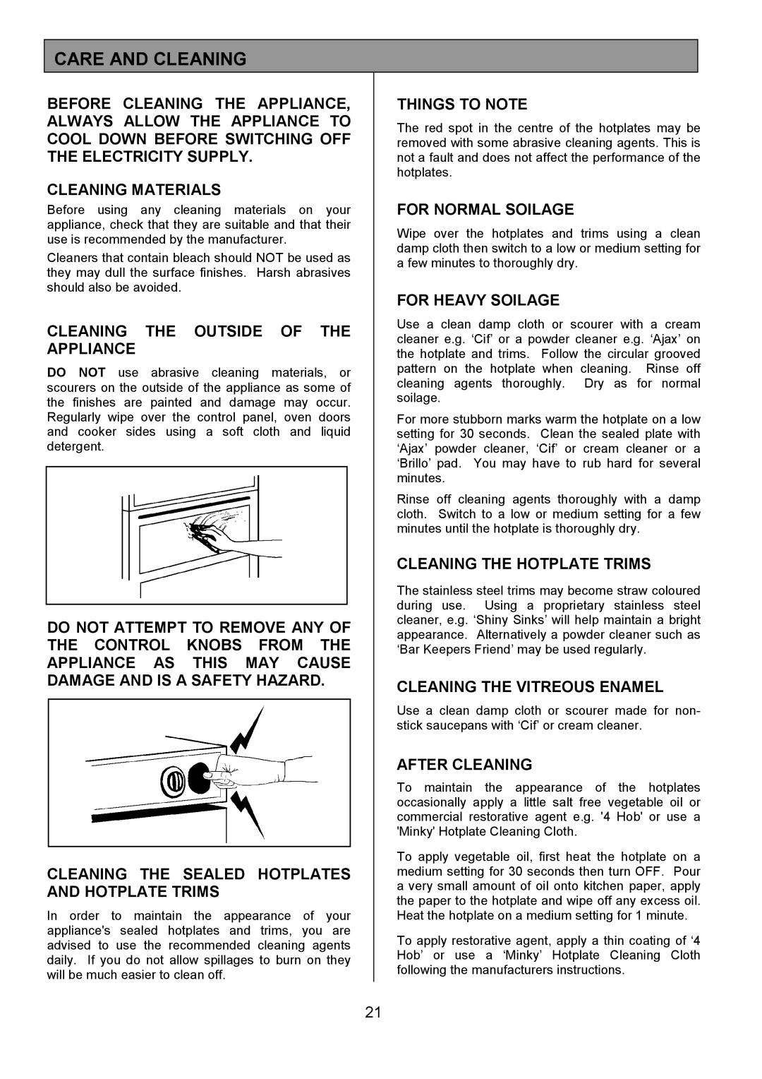 Tricity Bendix SIE056 installation instructions Care and Cleaning 