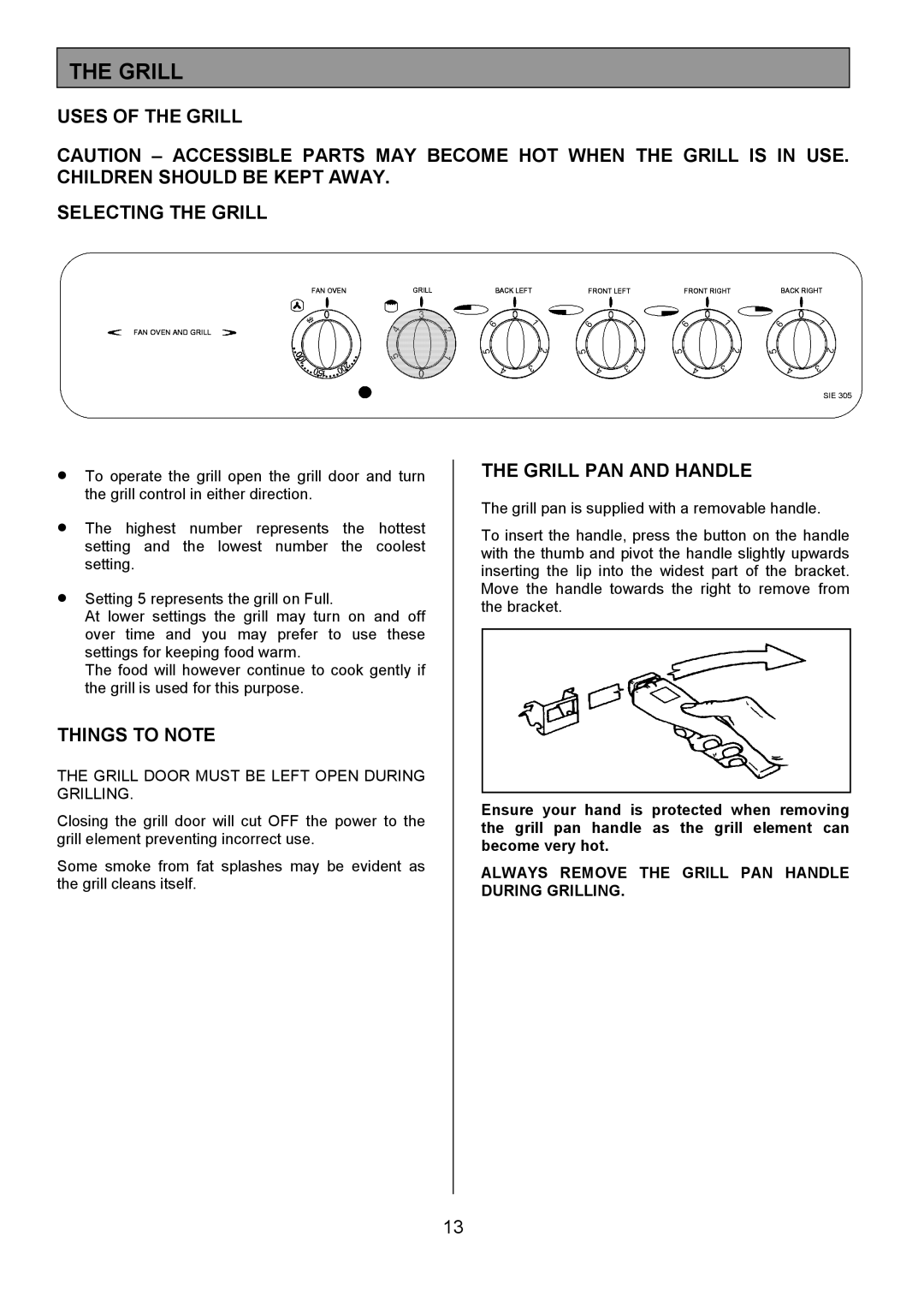 Tricity Bendix SIE305 Uses of the Grill Selecting the Grill, Things to Note, Grill PAN and Handle 