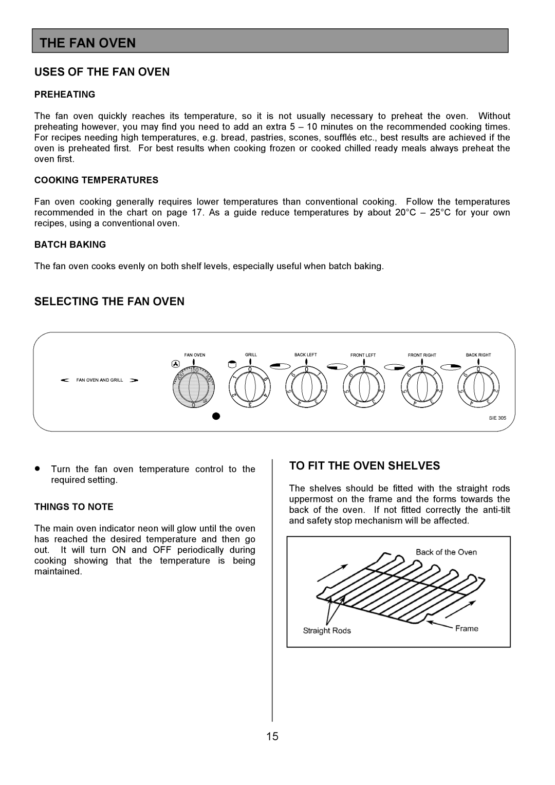 Tricity Bendix SIE305 installation instructions Uses of the FAN Oven, Selecting the FAN Oven, To FIT the Oven Shelves 