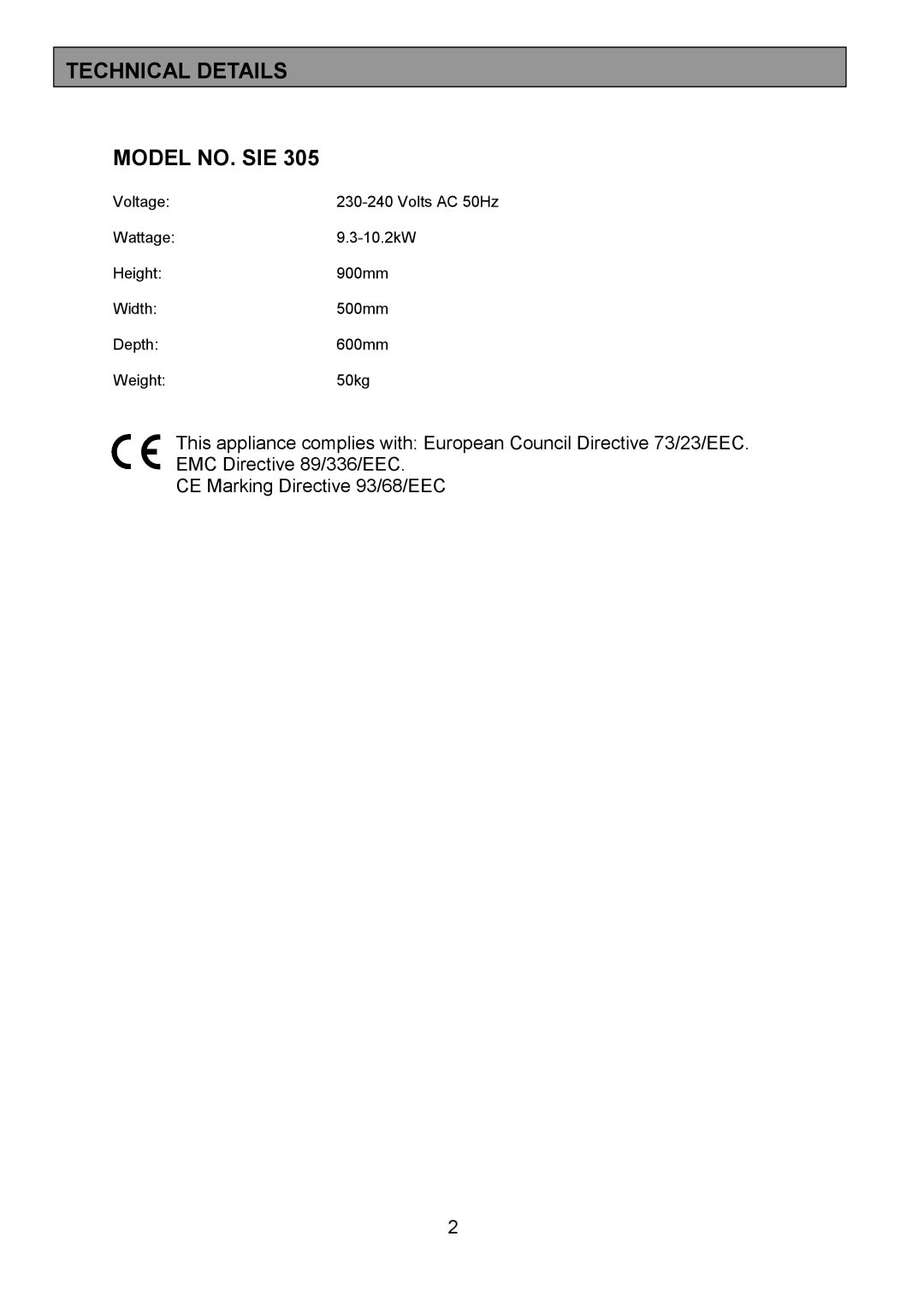 Tricity Bendix SIE305 installation instructions Technical Details Model NO. SIE 