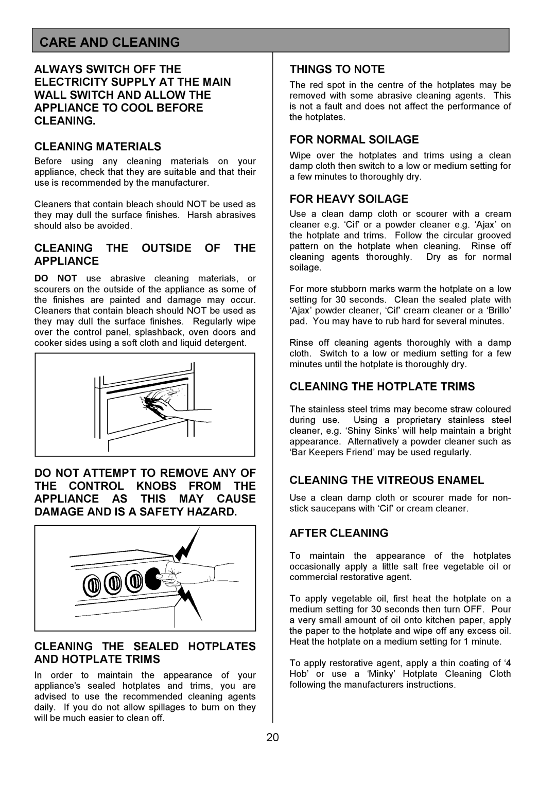 Tricity Bendix SIE305 installation instructions Care and Cleaning 