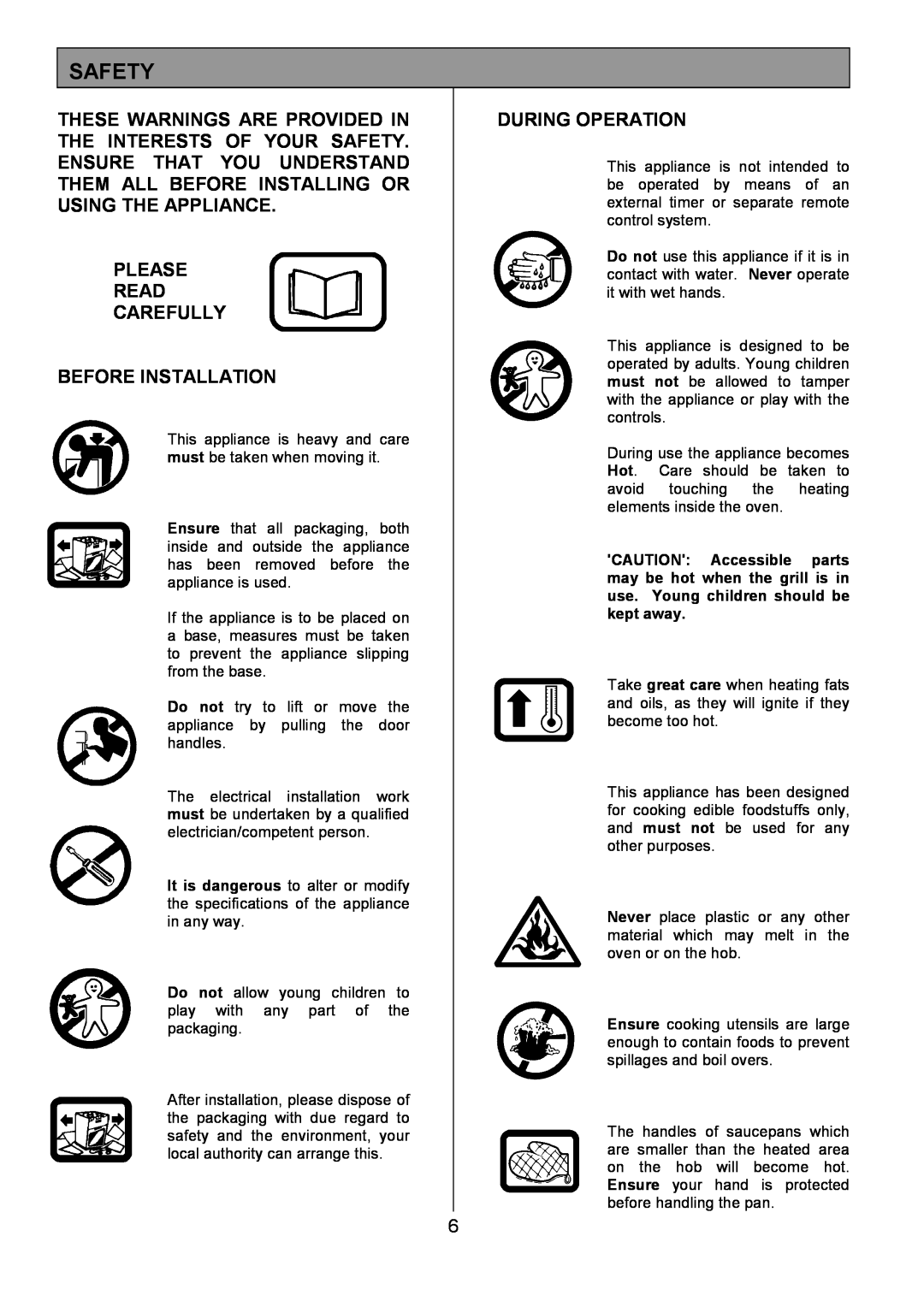 Tricity Bendix SIE305 installation instructions Safety, Please Read Carefully Before Installation, During Operation 