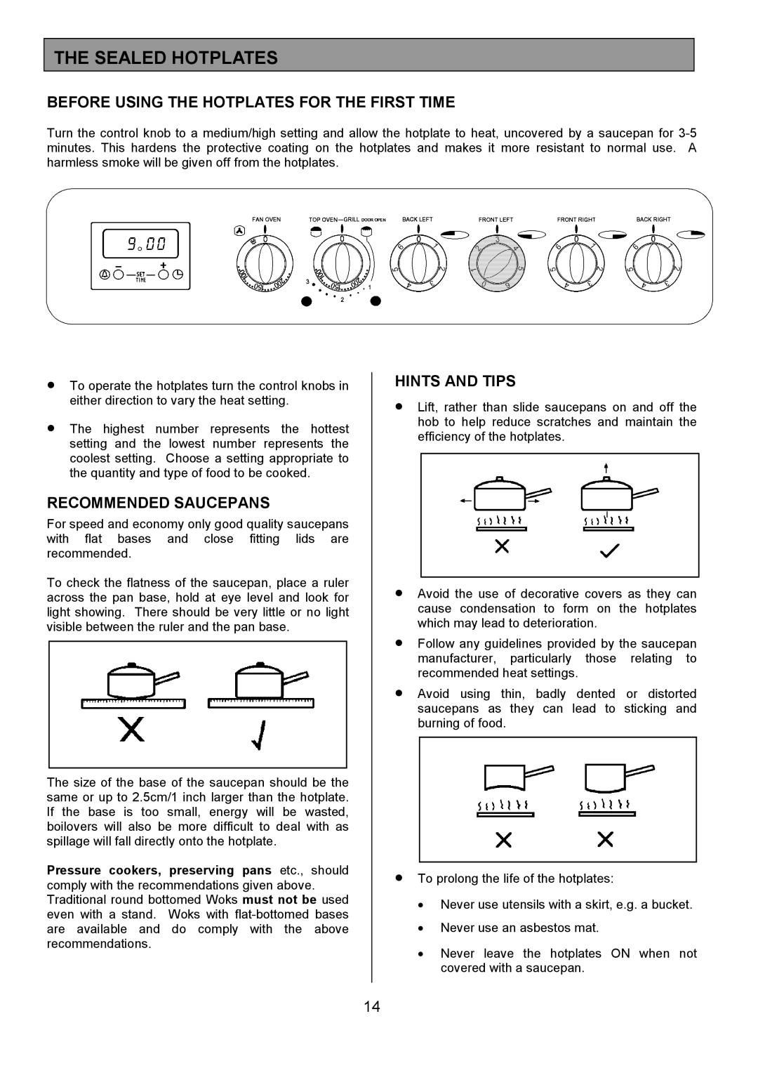 Tricity Bendix SIE324 Sealed Hotplates, Before Using the Hotplates for the First Time, Recommended Saucepans 