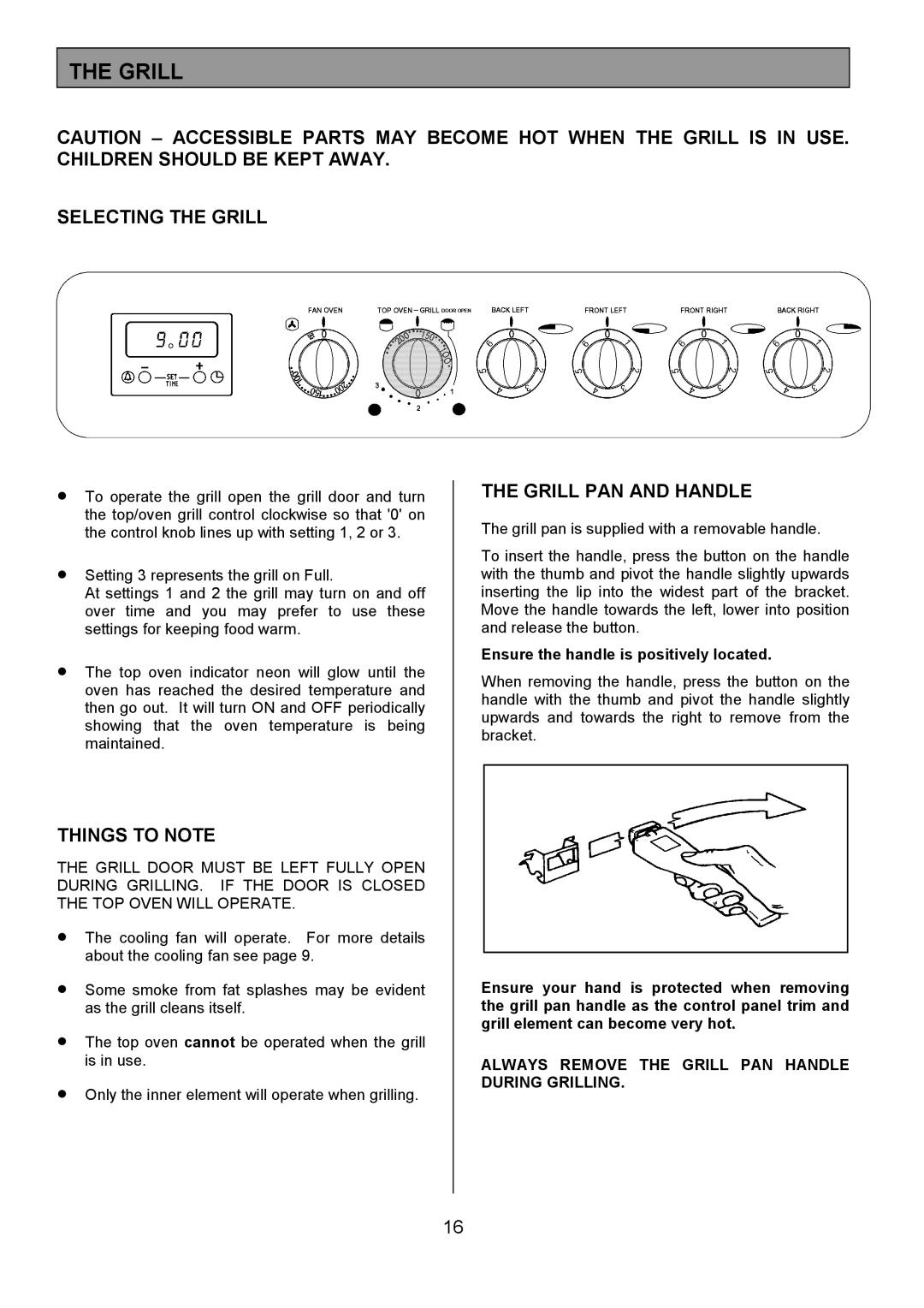 Tricity Bendix SIE324 Selecting the Grill, Grill PAN and Handle, Always Remove the Grill PAN Handle During Grilling 