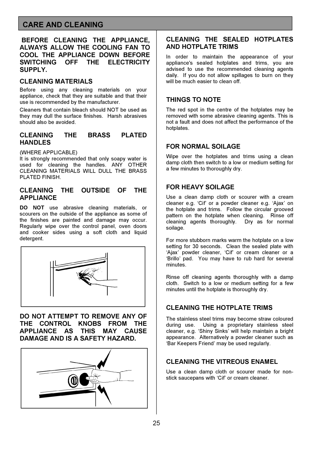 Tricity Bendix SIE324 installation instructions Care and Cleaning 