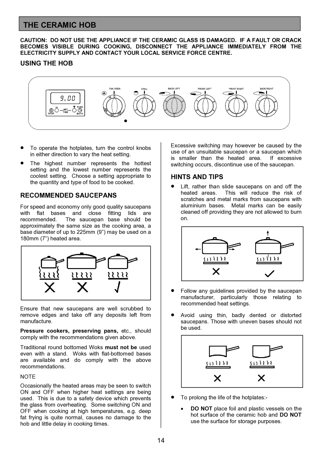 Tricity Bendix SIE326 installation instructions Ceramic HOB, Using the HOB, Recommended Saucepans, Hints and Tips 