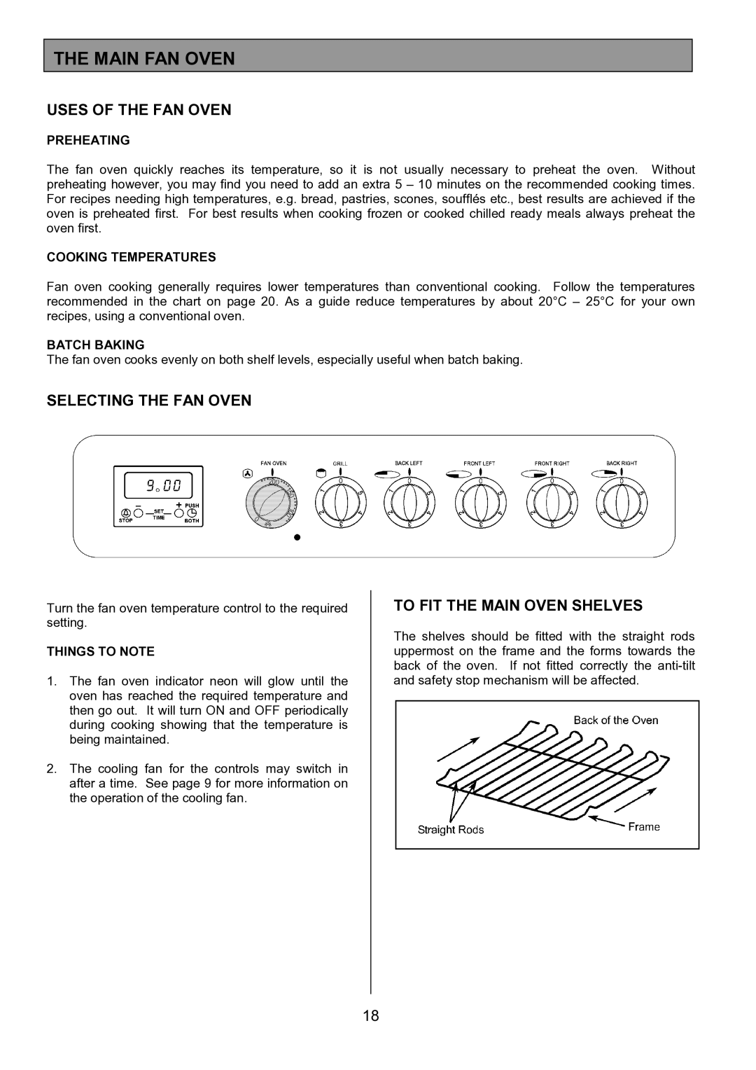 Tricity Bendix SIE326 Main FAN Oven, Uses of the FAN Oven, Selecting the FAN Oven, To FIT the Main Oven Shelves 