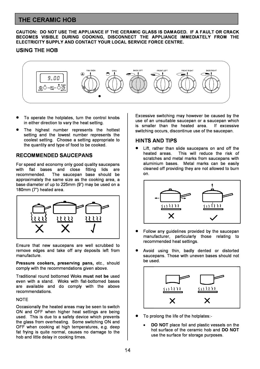 Tricity Bendix SIE326 installation instructions The Ceramic Hob, Using The Hob, Recommended Saucepans, Hints And Tips 