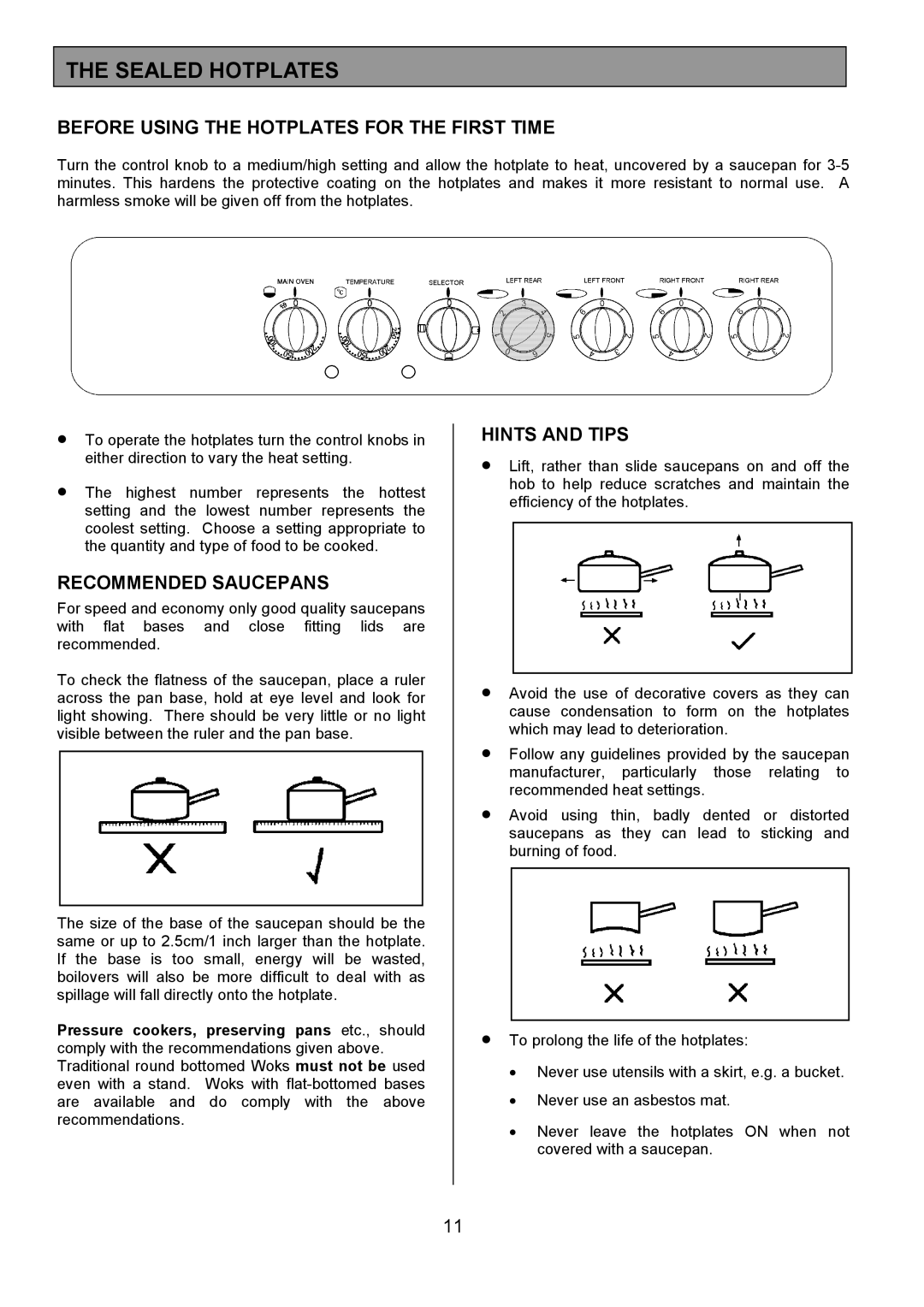 Tricity Bendix SIE401 Sealed Hotplates, Before Using the Hotplates for the First Time, Recommended Saucepans 