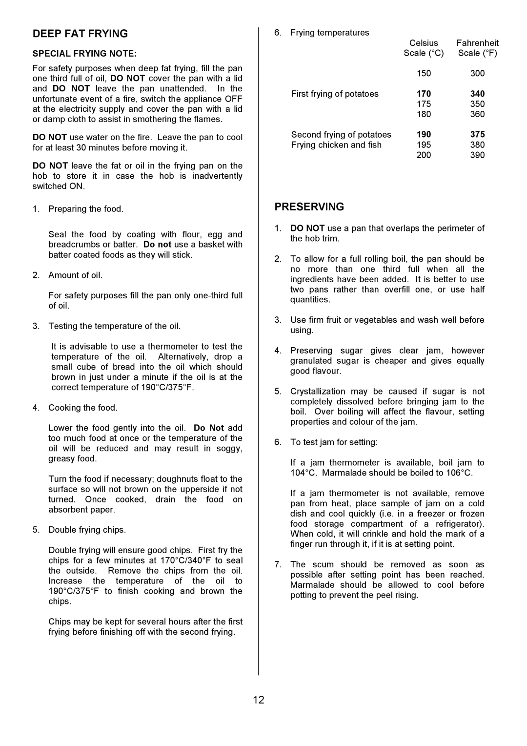 Tricity Bendix SIE401 installation instructions Deep FAT Frying, Preserving 