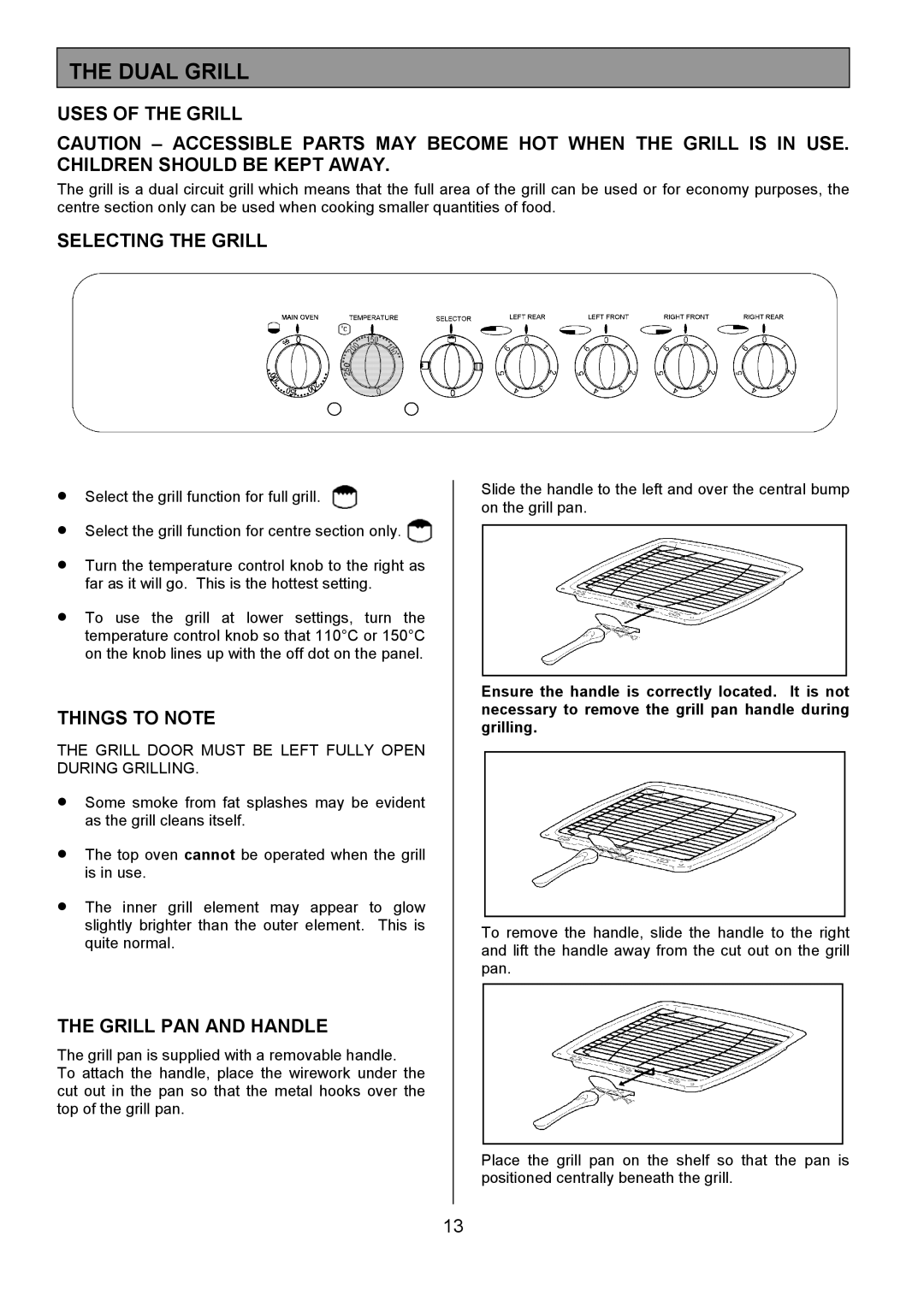 Tricity Bendix SIE401 Dual Grill, Uses of the Grill, Selecting the Grill, Things to Note, Grill PAN and Handle 