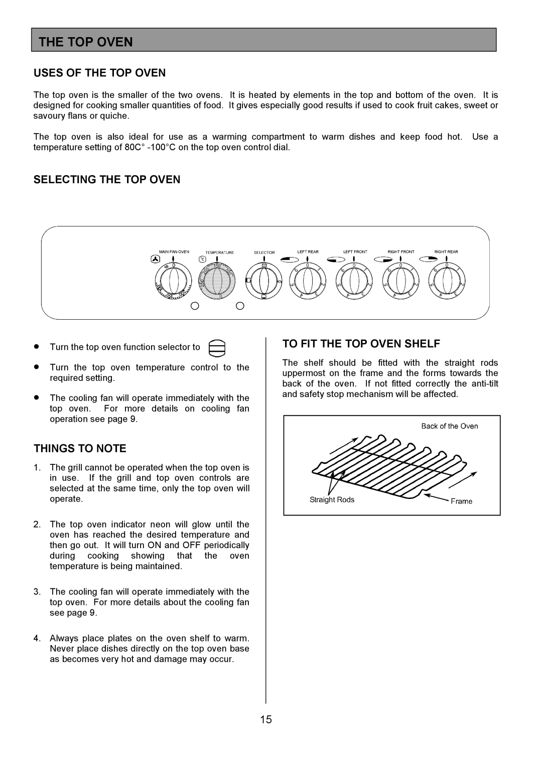 Tricity Bendix SIE401 installation instructions Uses of the TOP Oven, Selecting the TOP Oven, To FIT the TOP Oven Shelf 