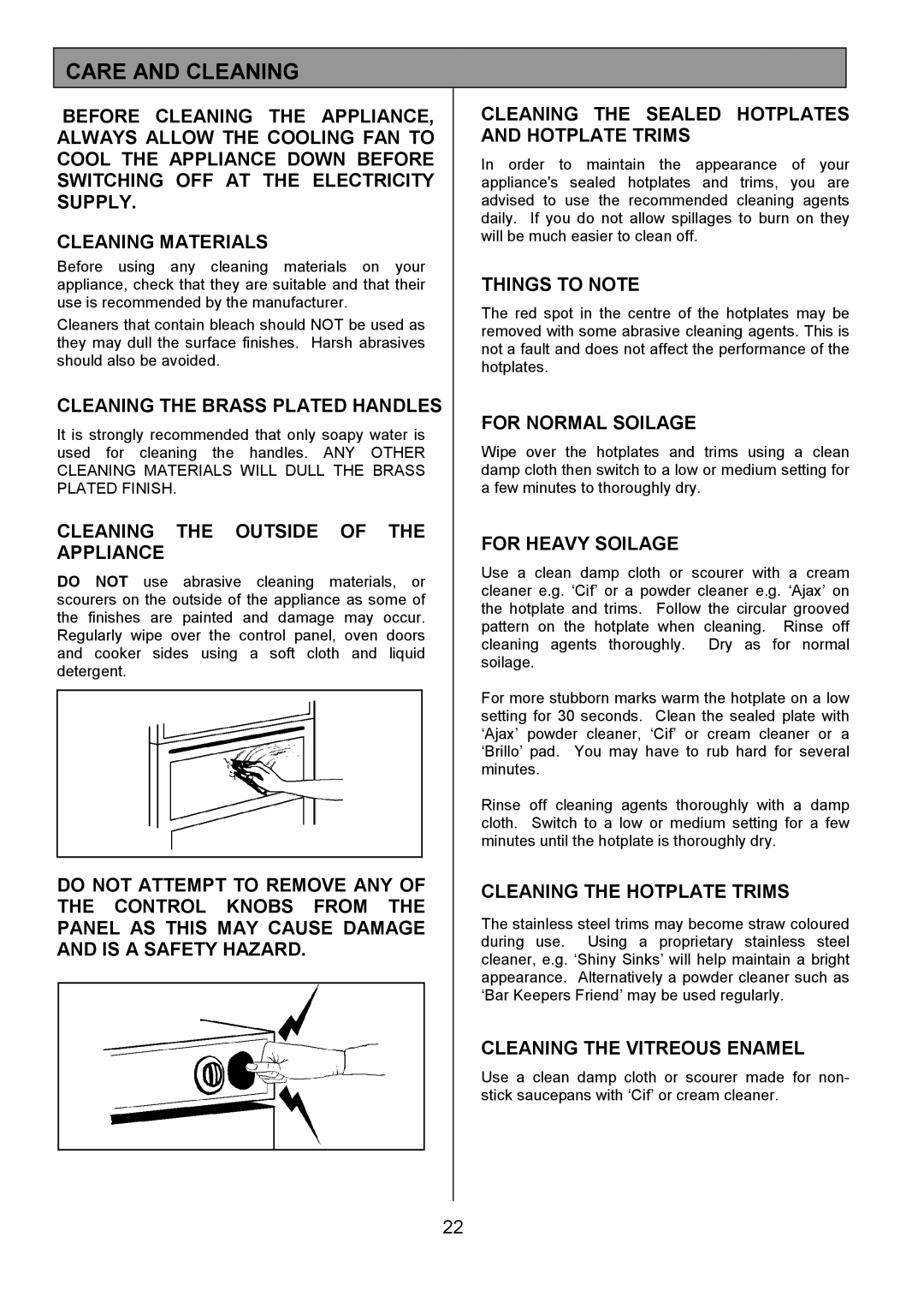 Tricity Bendix SIE401 installation instructions Care and Cleaning 