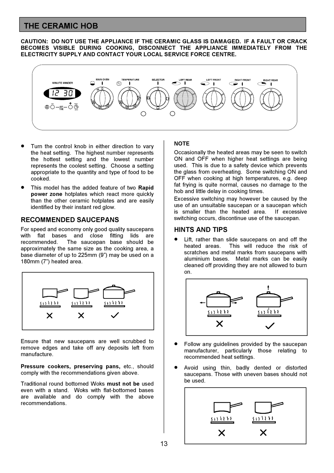 Tricity Bendix SIE424 installation instructions Ceramic HOB, Recommended Saucepans, Hints and Tips 