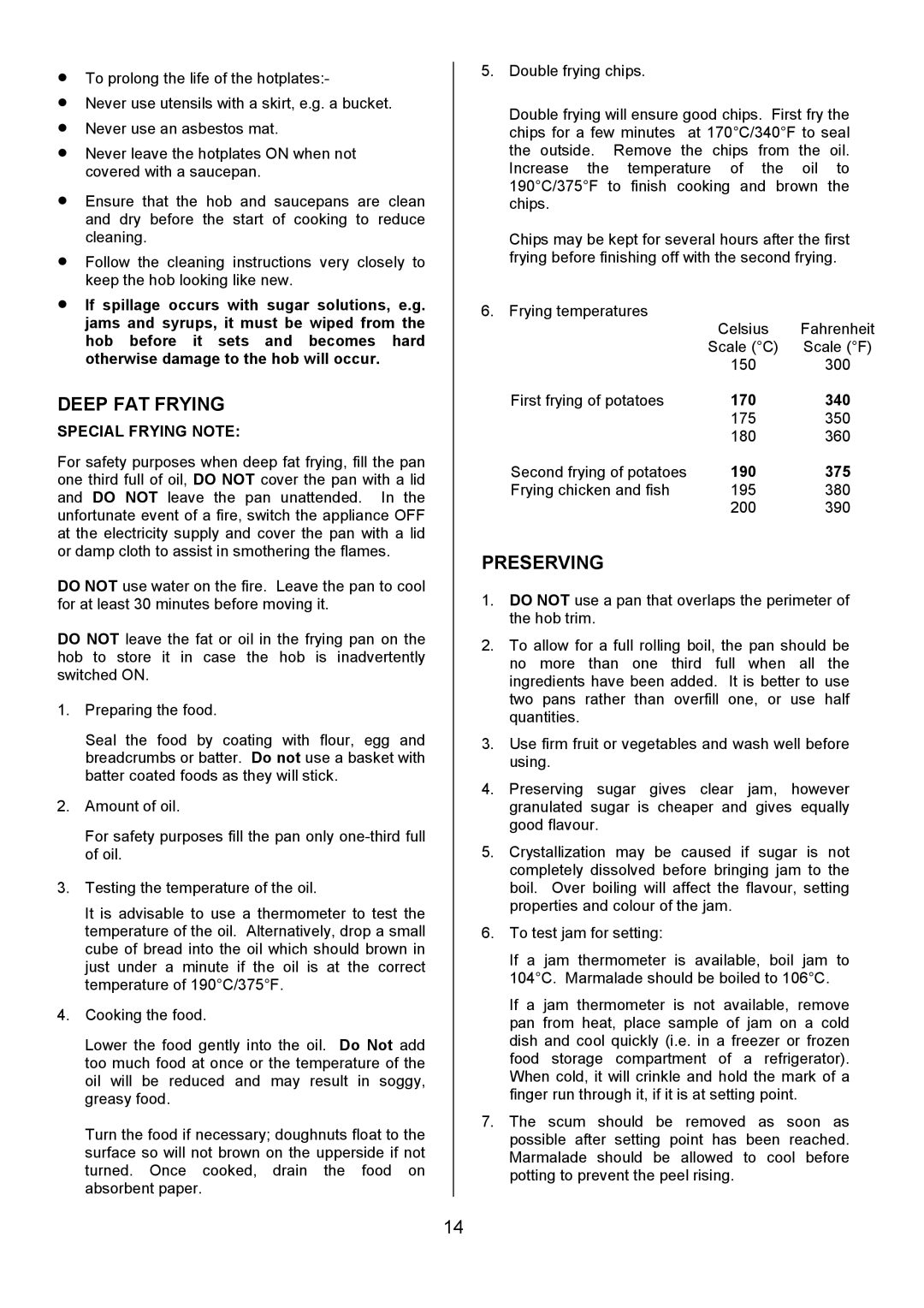 Tricity Bendix SIE424 installation instructions Deep FAT Frying, Preserving, Special Frying Note 