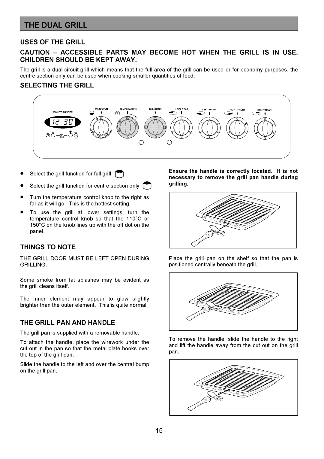 Tricity Bendix SIE424 Dual Grill, Uses of the Grill, Selecting the Grill, Things to Note, Grill PAN and Handle 