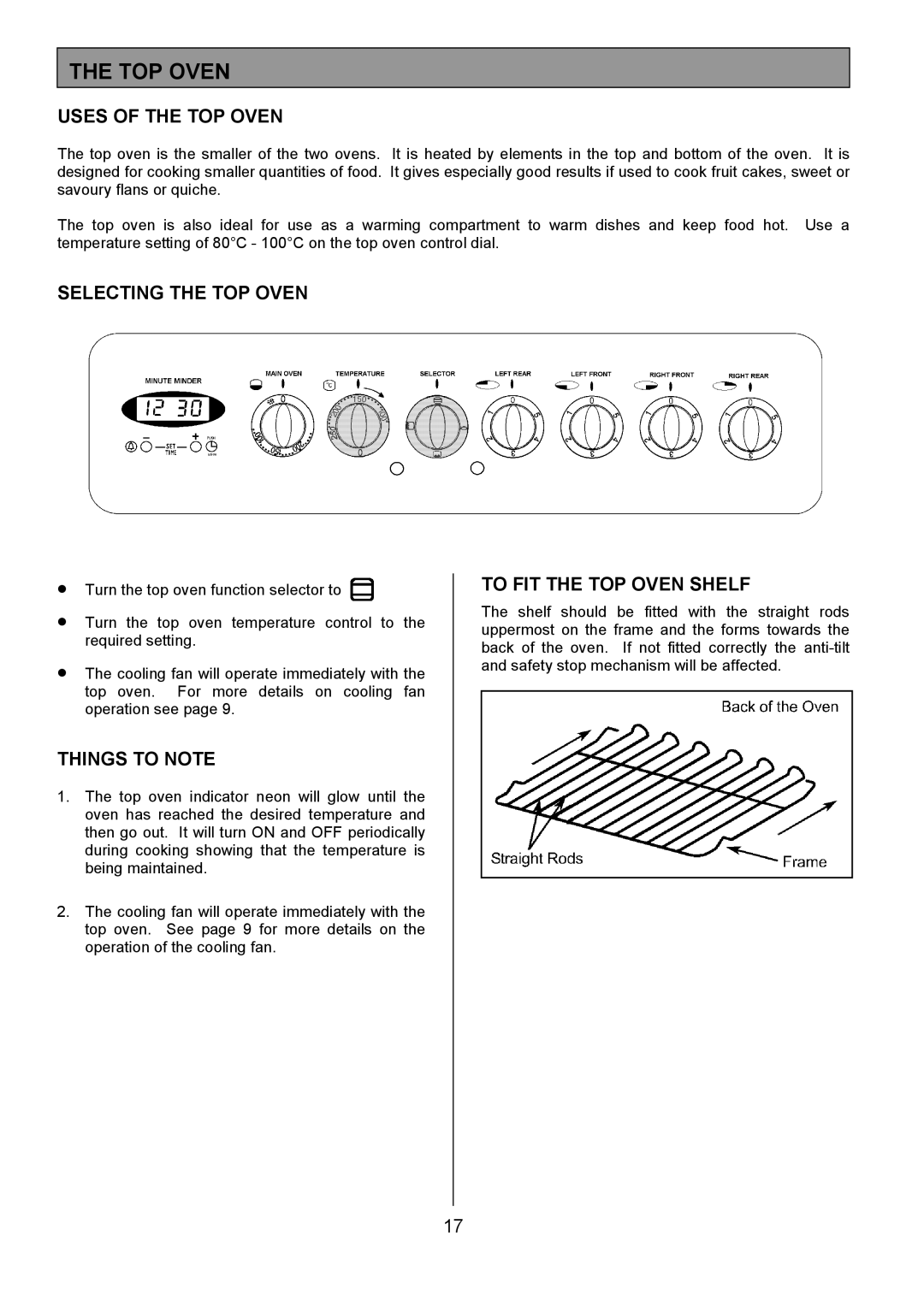 Tricity Bendix SIE424 installation instructions Uses of the TOP Oven, Selecting the TOP Oven, To FIT the TOP Oven Shelf 