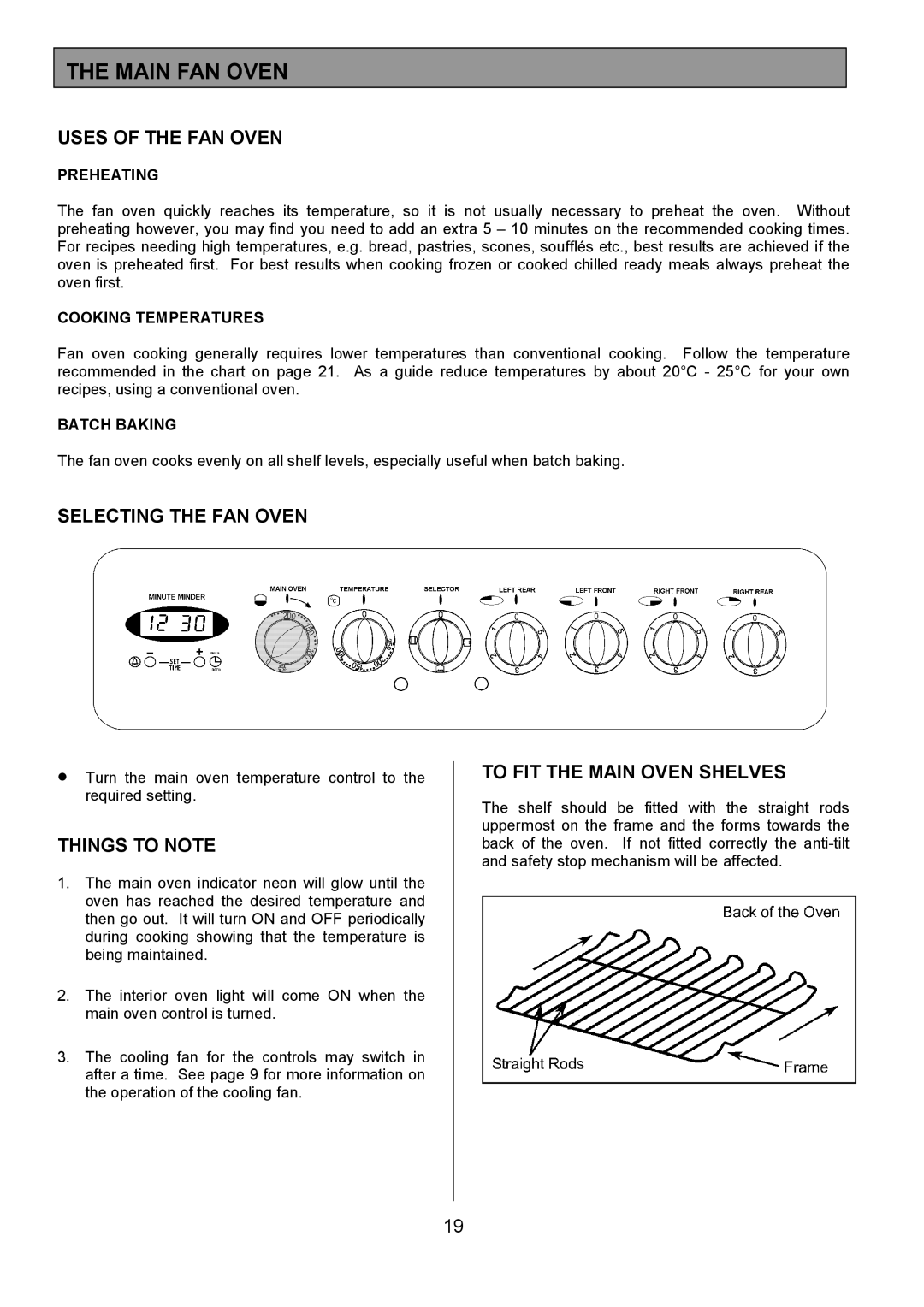 Tricity Bendix SIE424 Main FAN Oven, Uses of the FAN Oven, Selecting the FAN Oven, To FIT the Main Oven Shelves 