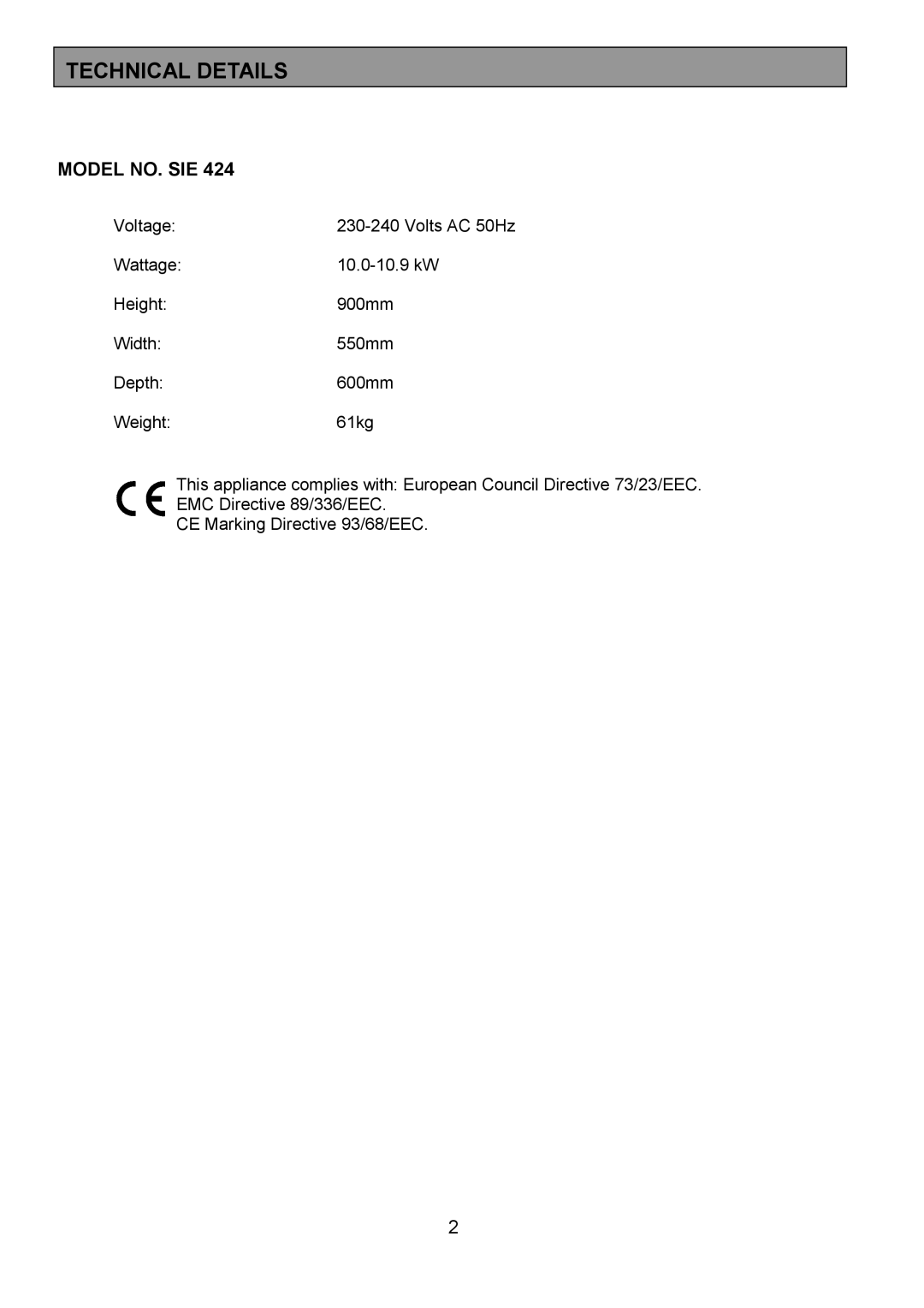 Tricity Bendix SIE424 installation instructions Technical Details, Model NO. SIE 