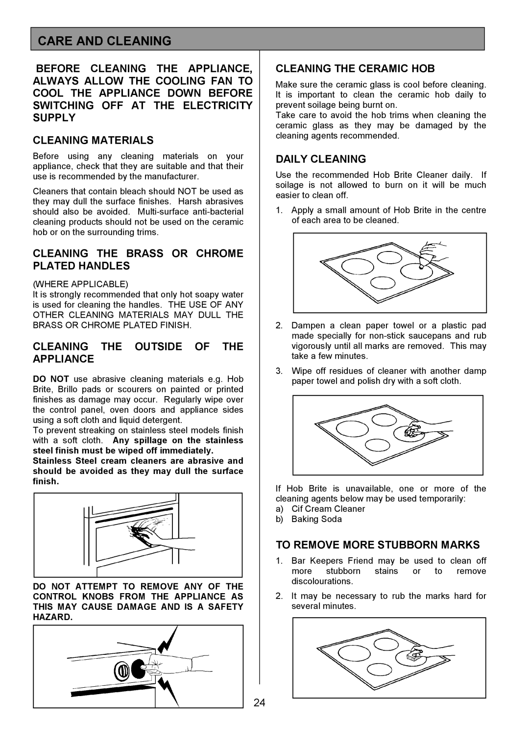 Tricity Bendix SIE424 installation instructions Care and Cleaning 